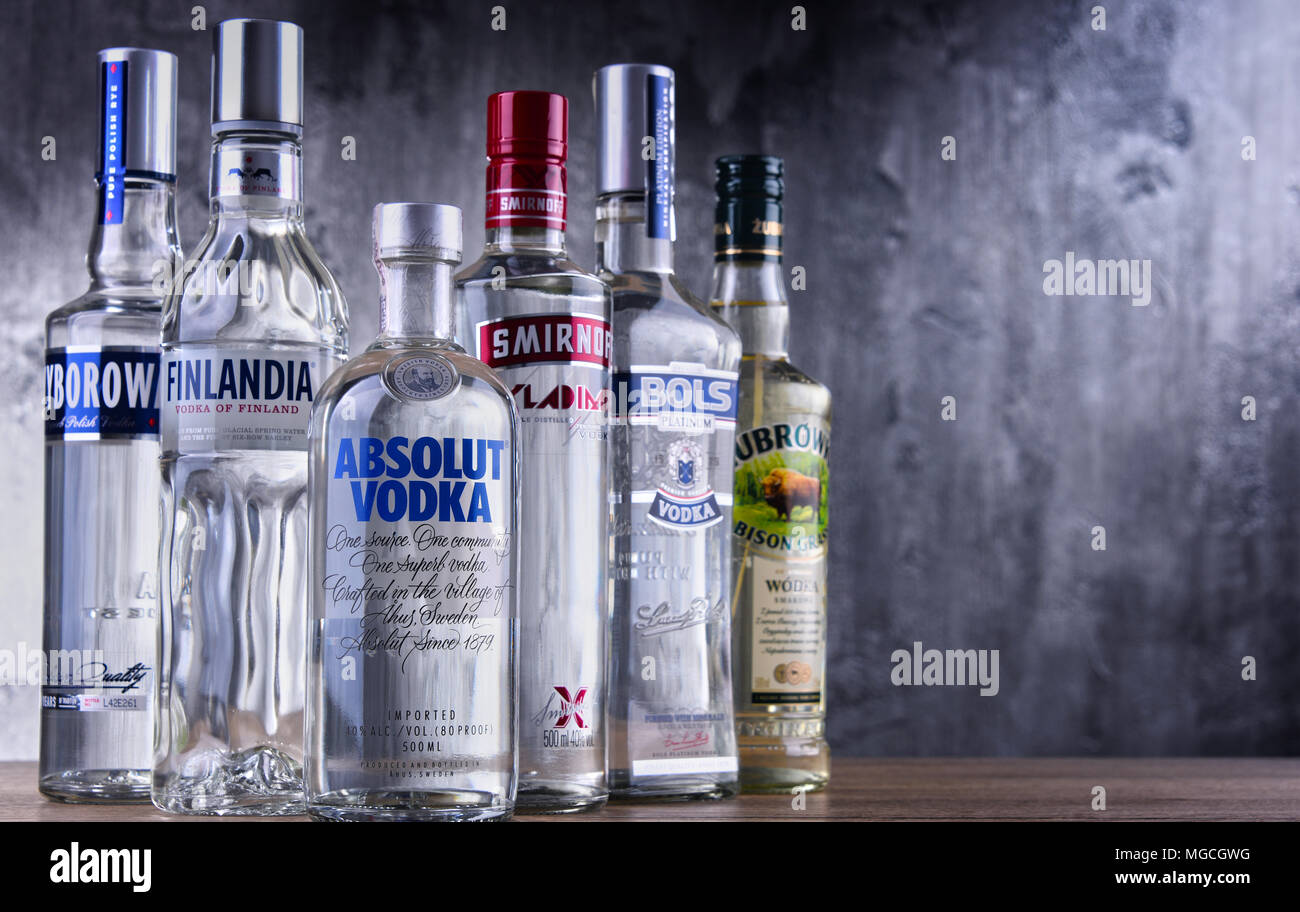 POZNAN, POLAND - MAR 30, 2018: Bottles of several global brands of vodka, the world’s largest internationally traded spirit with the estimated sale of Stock Photo