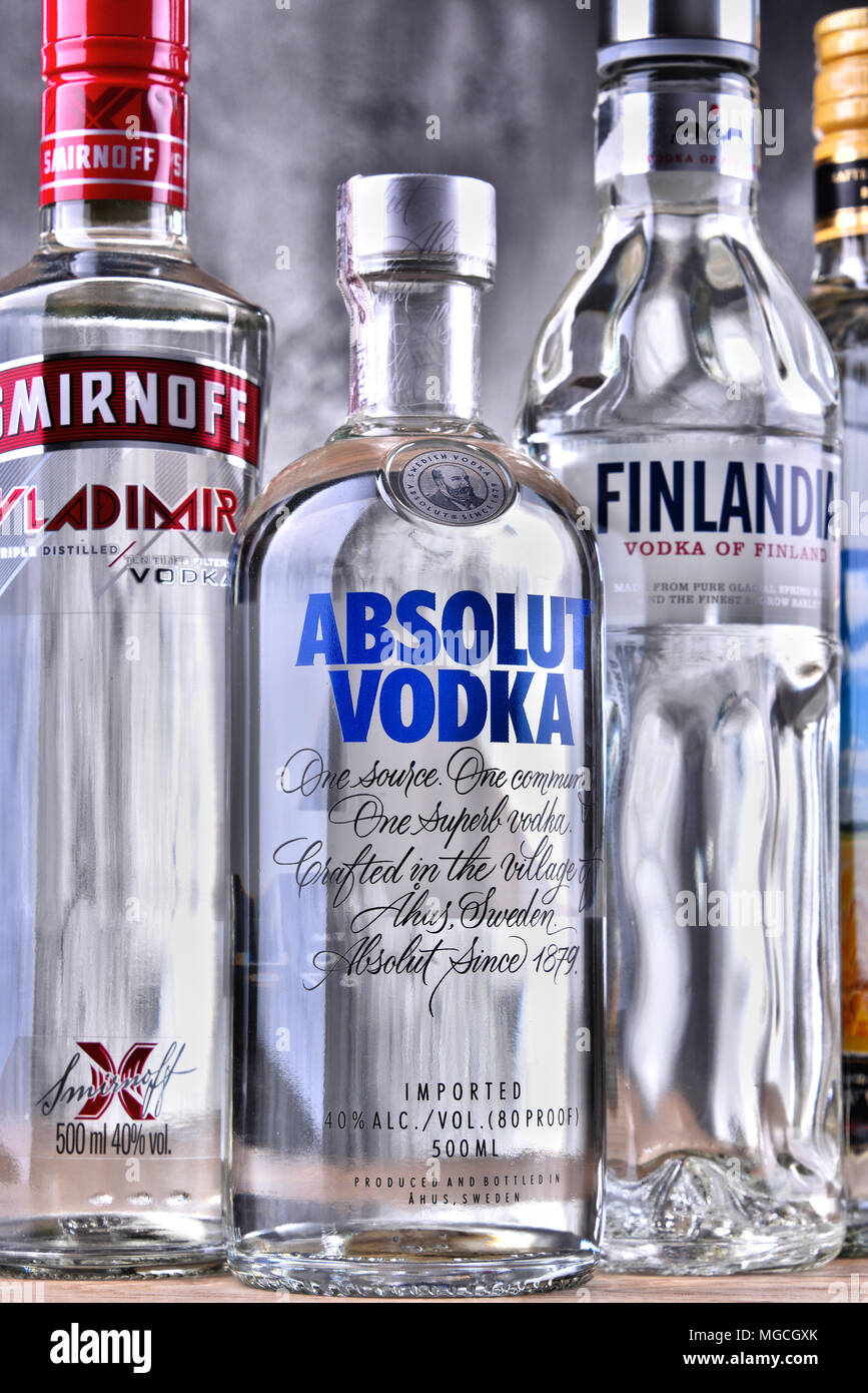 POZNAN, POLAND MAR 30, 2018 Bottles of several global brands of