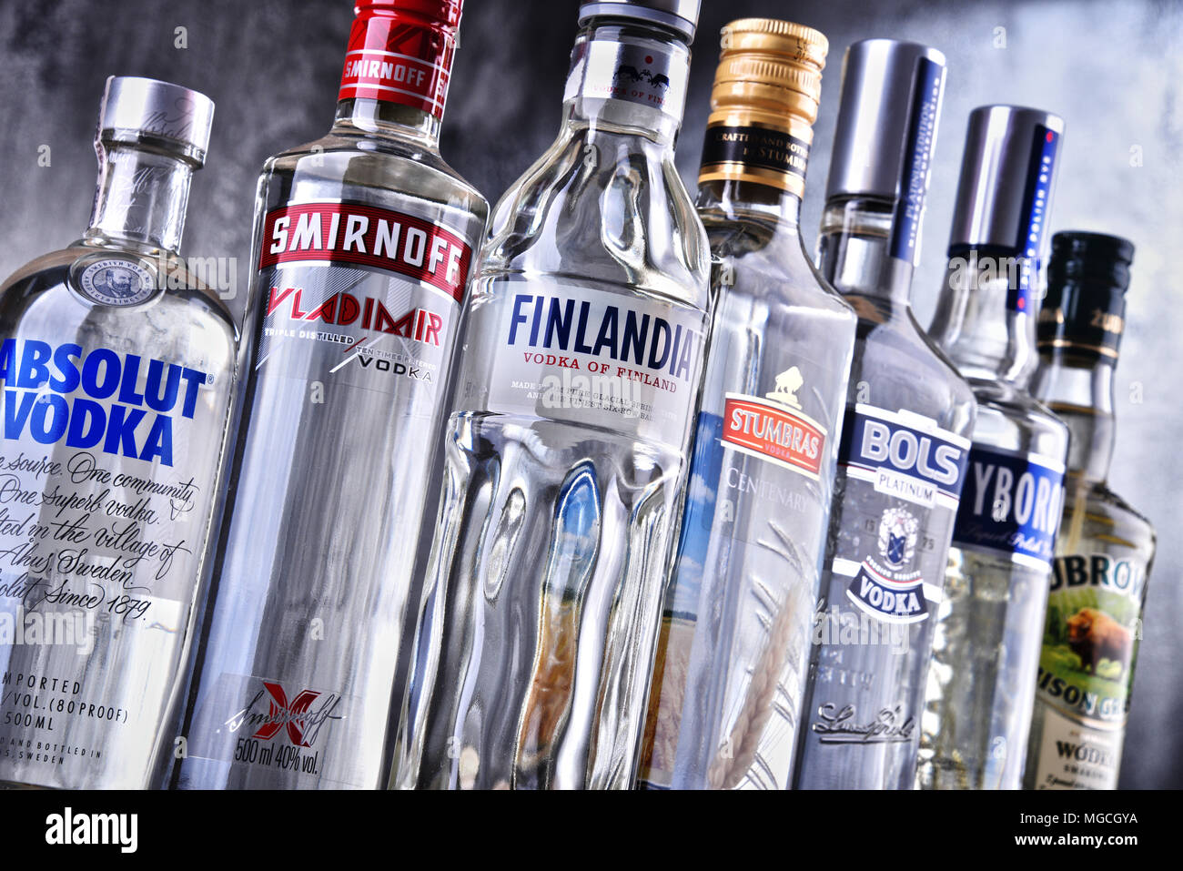 POZNAN, POLAND MAR 30, 2018 Bottles of several global brands of