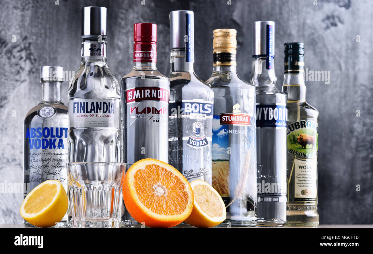 POZNAN, POLAND - MAR 30, 2018: Bottles of several global brands of vodka, the world’s largest internationally traded spirit with the estimated sale of Stock Photo