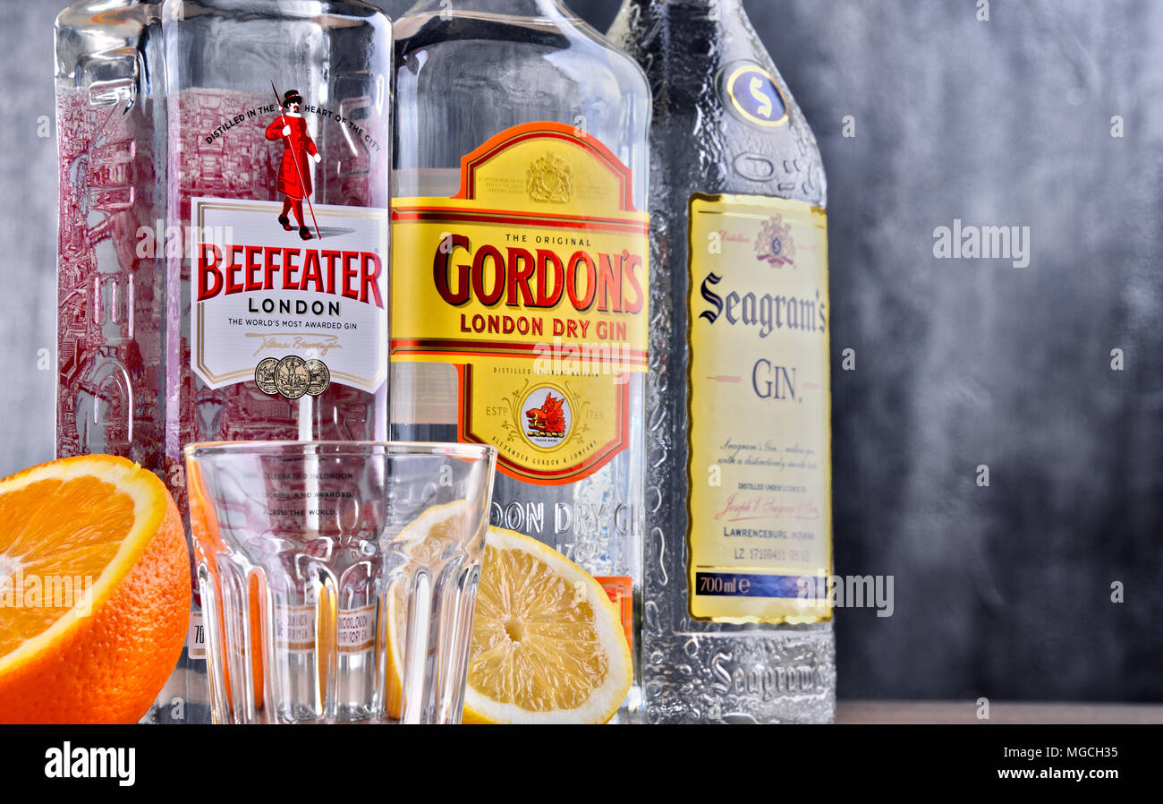 POZNAN, POLAND MAR 30, 2018 Bottles of popular global gin brands