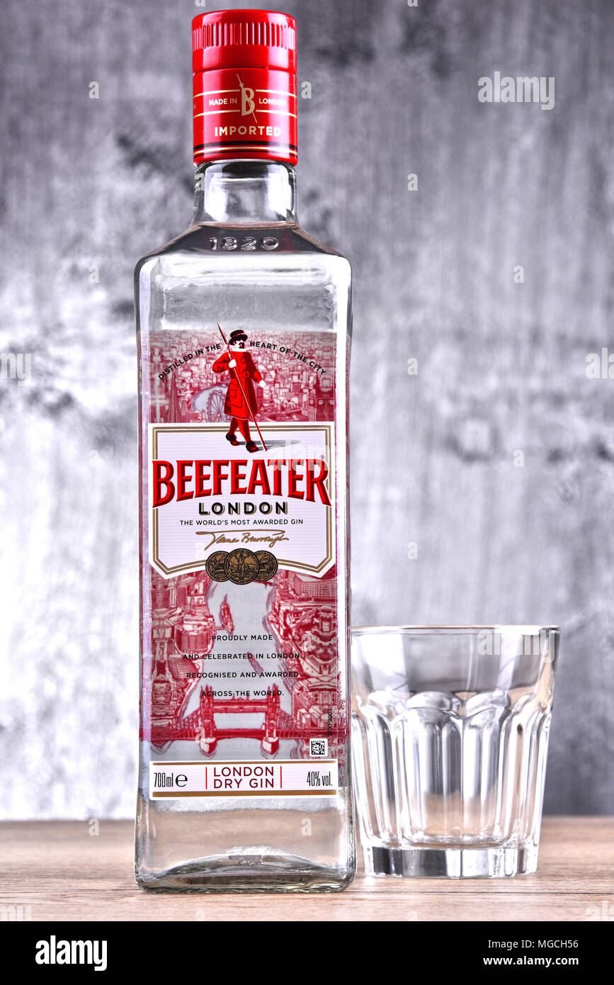 POZNAN, POLAND MAR 30, 2018 Bottle of Beefeater Gin, a brand of gin owned by Pernod Ricard