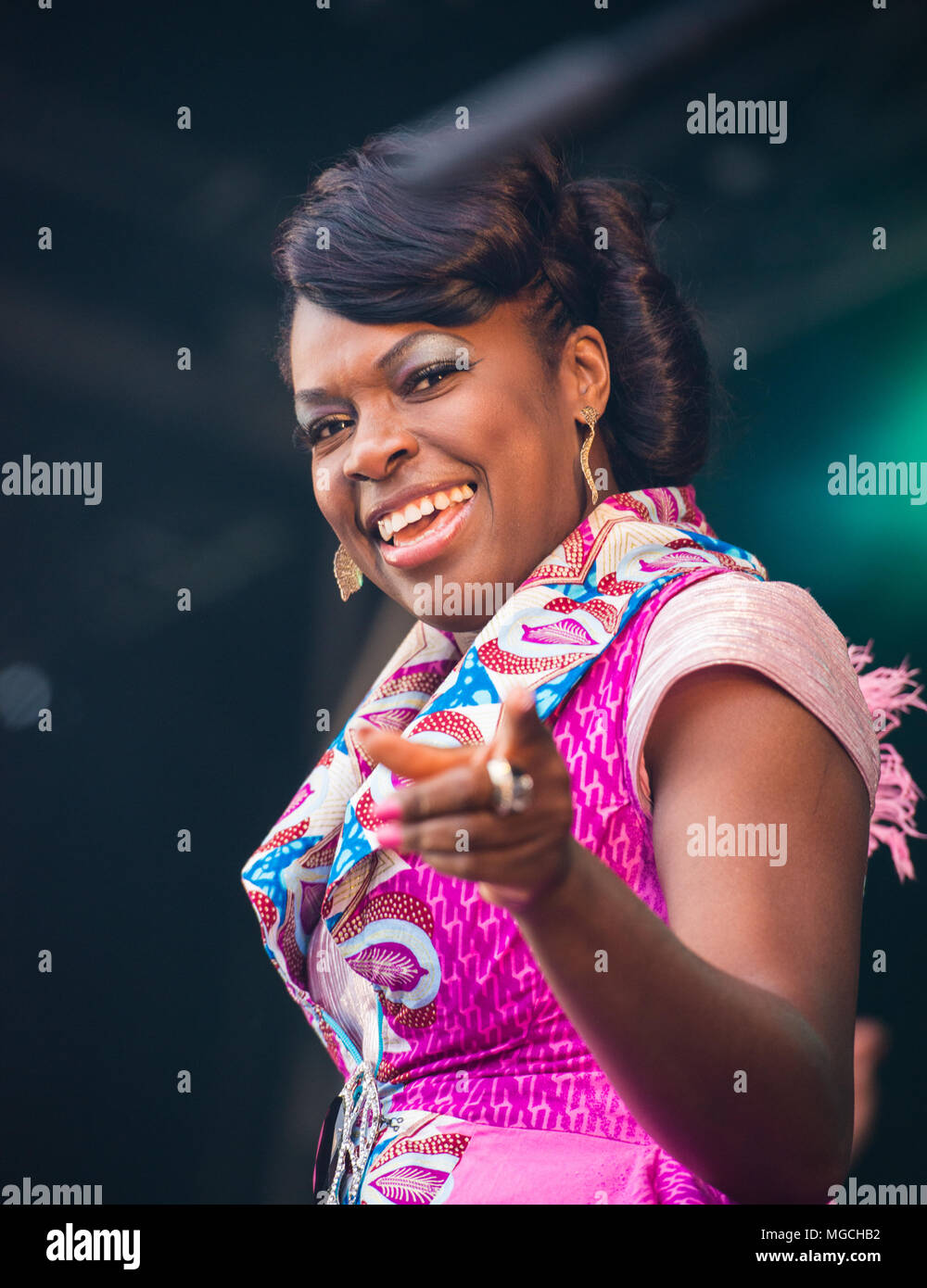 Eno Williams from Ibibio Sound Machine, performing live at the Deer Shed Festival, Baldersby Park, near Topcliffe in North Yorkshire, 26th July 2015 Stock Photo