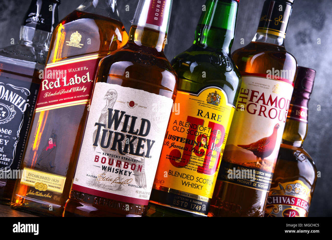 POZNAN, POLAND MAR 30, 2018 Bottles of several global whiskey brands