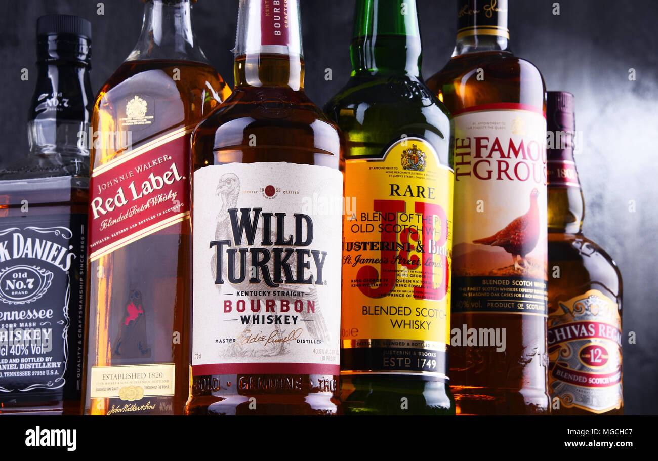 POZNAN, POLAND MAR 30, 2018 Bottles of several global whiskey brands