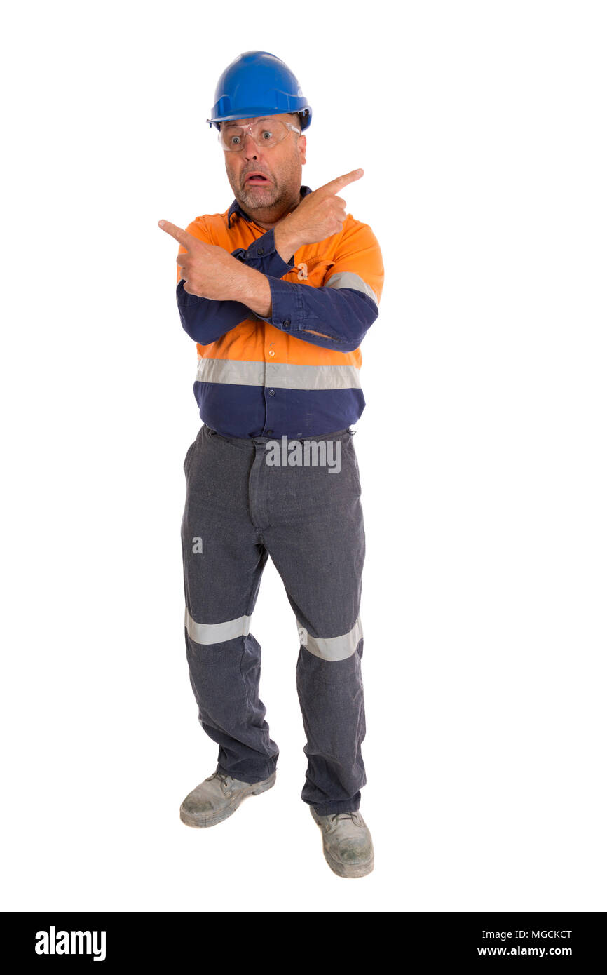 A worker giving unclear directions and showing stress, a safety concept. Stock Photo