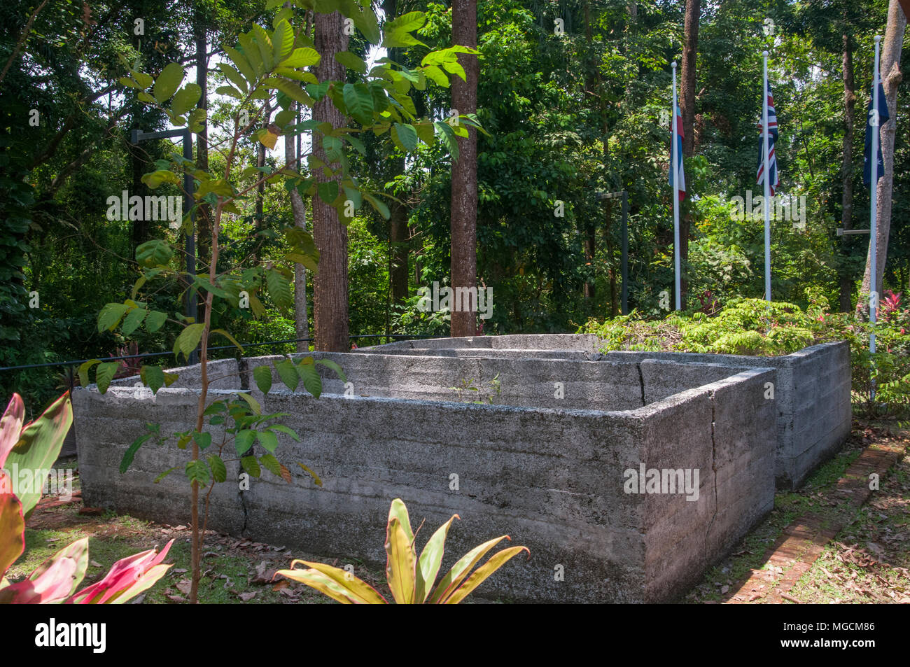 As a prison camp, the Memorial Park saw the death of 2400 Australians and Britons imprisoned by the Japanese in WWII. Remains of concrete water tank. Stock Photo