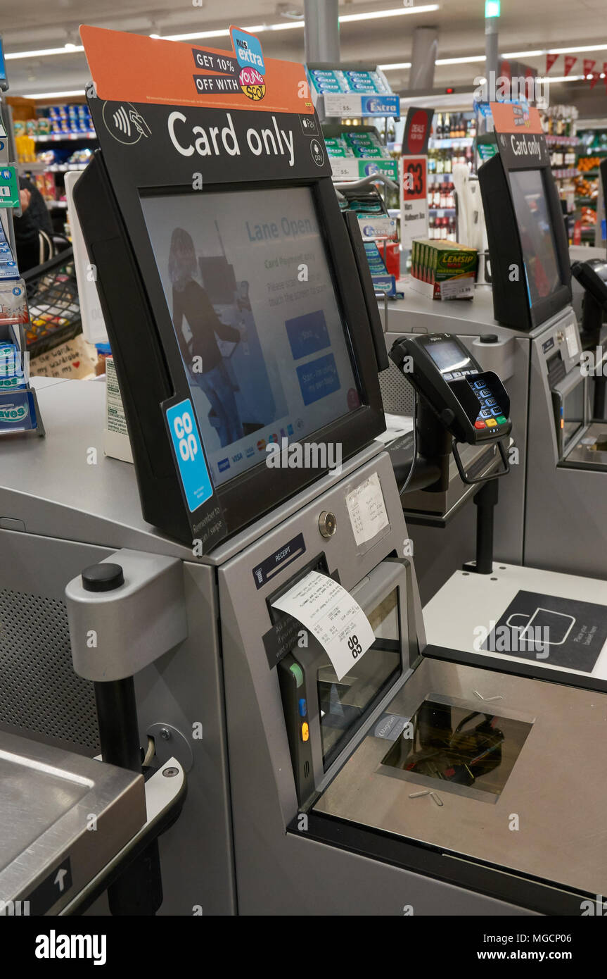Cards Only self checkout till at local Cooperative store in UK. Stock Photo