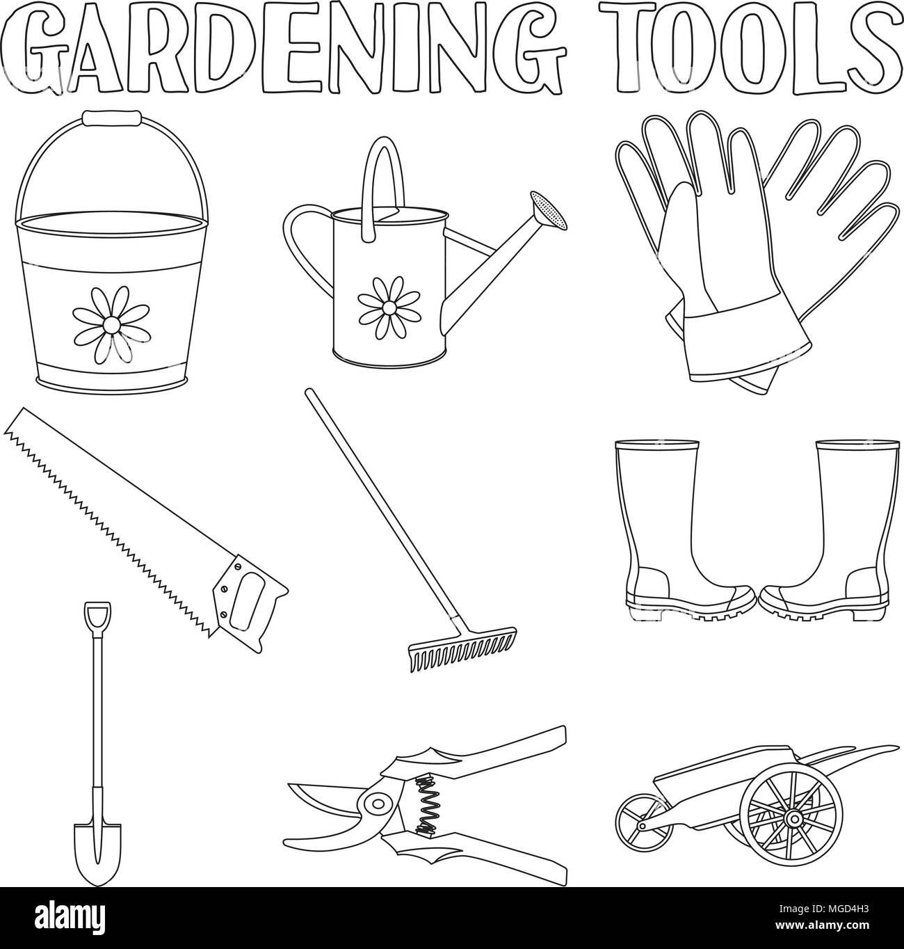 Black and white garden icon set 9 elements. Coloring book page for adults and kids. Gardening tool vector illustration for gift card certificate stick Stock Vector