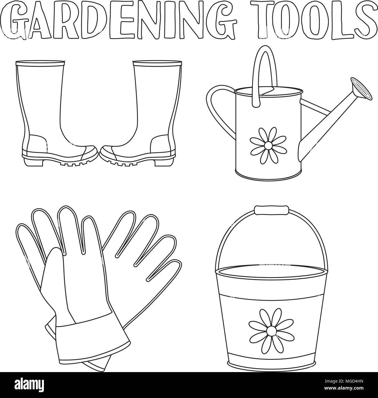 Black and white garden watering 4 elements set. Coloring book page for adults and kids. Gardening tool vector illustration for gift card certificate s Stock Vector