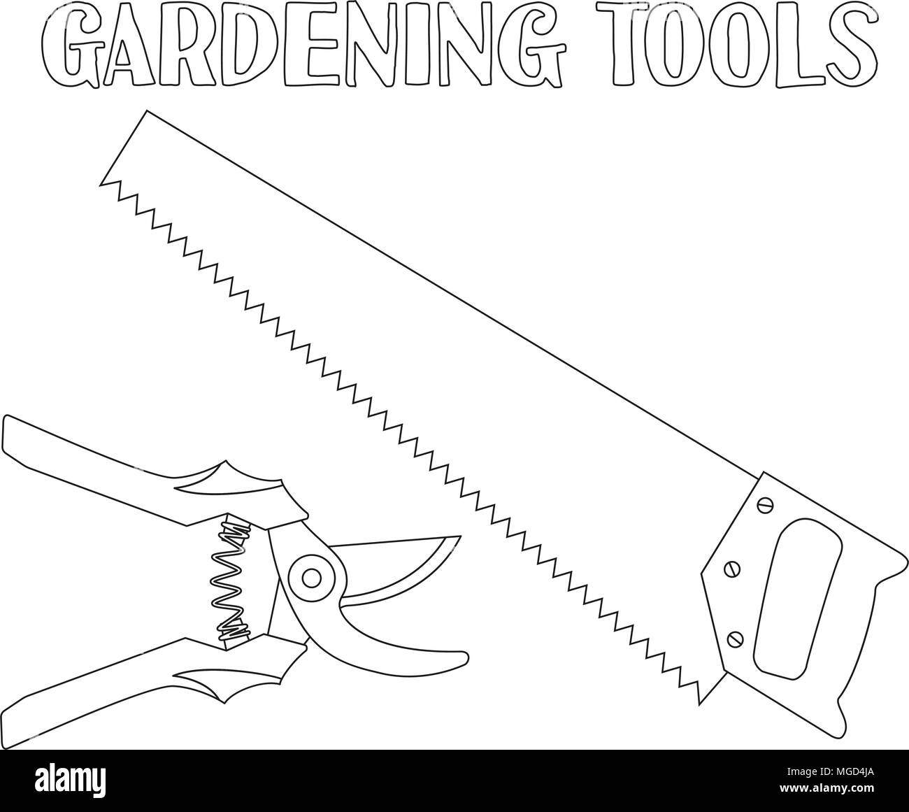 Line art black and white tree trimming set. Secateur and saw. Coloring book page for adults and kids. Garden tool vector illustration for gift card ce Stock Vector