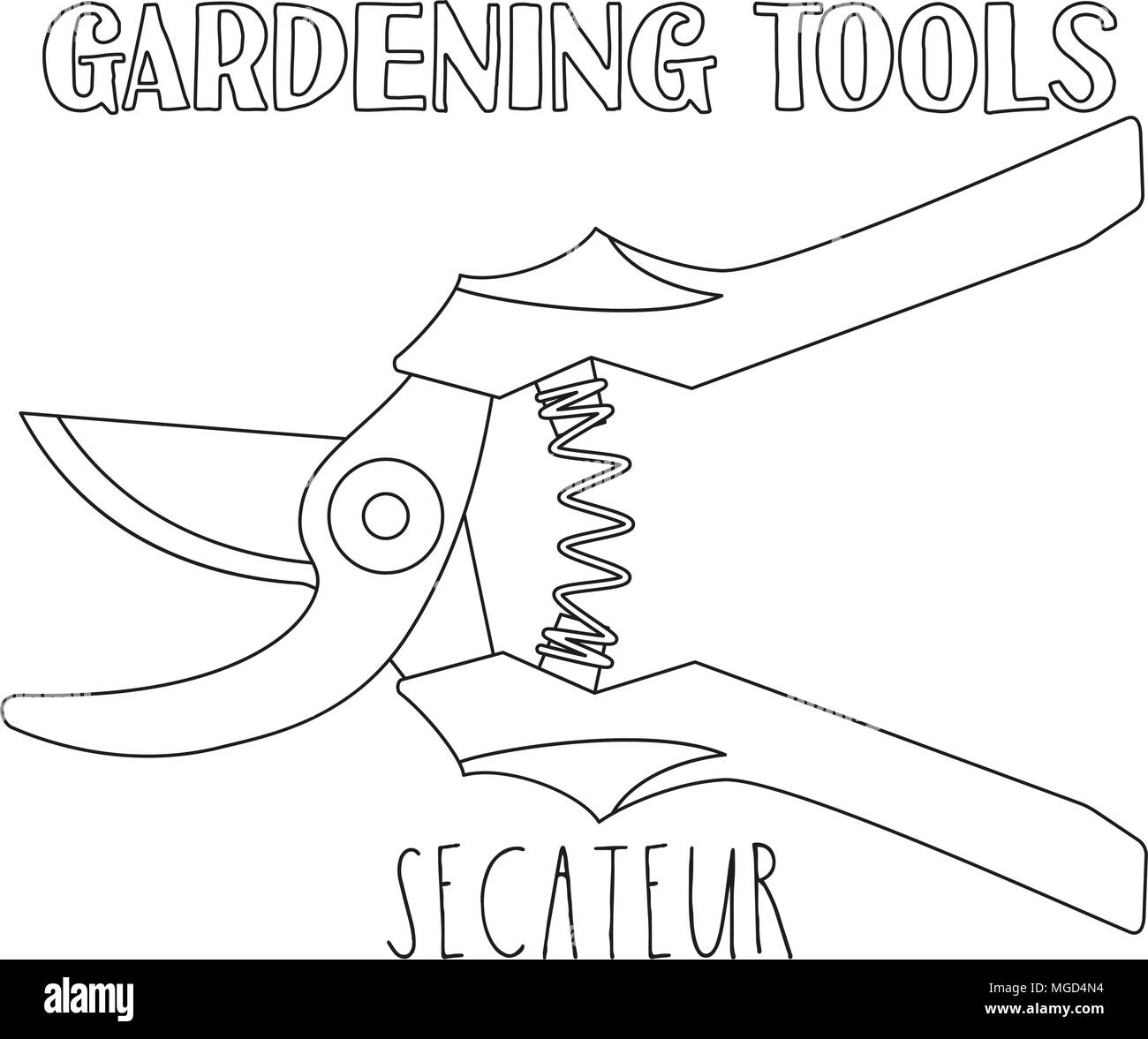 Line art black and white secateur. Coloring book page for adults and kids. Garden tool vector illustration for gift card certificate sticker, badge, s Stock Vector