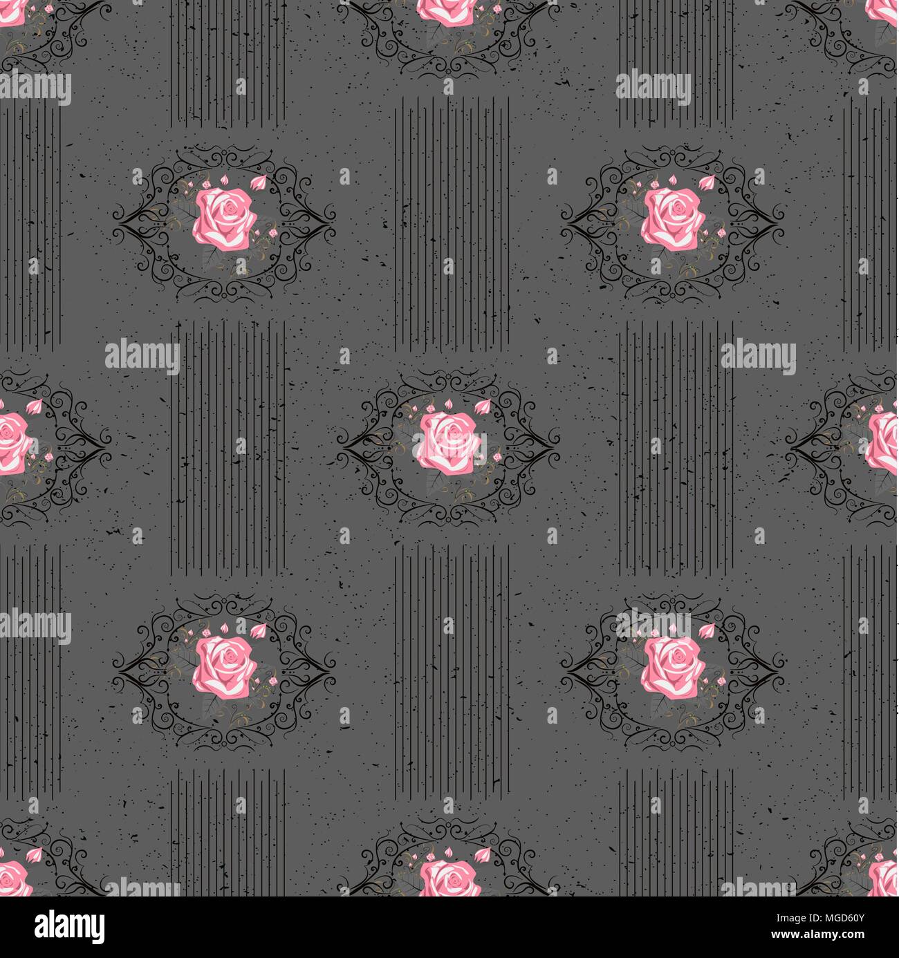 Seamless vector vintage pattern with Victorian bouquet of red flowers on a black background. White roses, tulips, delphinium with gray leaves.eps 10 Stock Vector