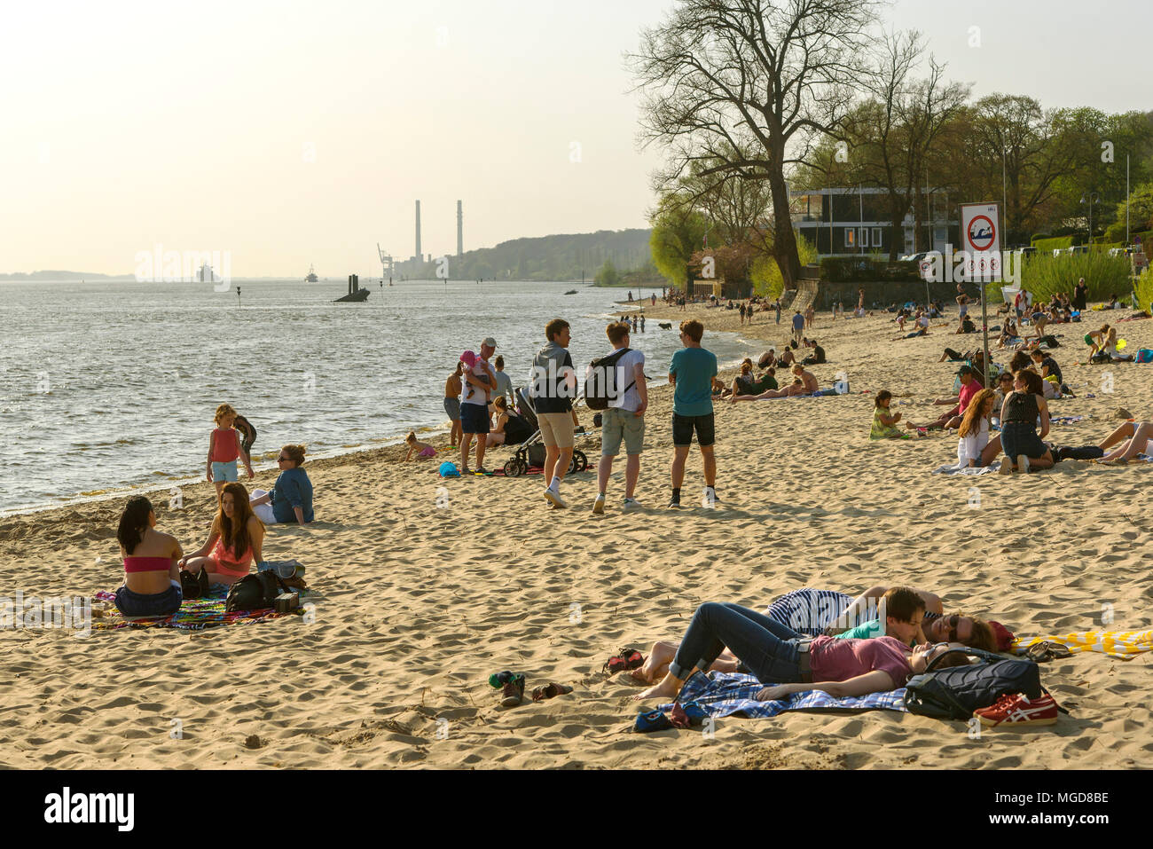 bathing at the beach of River Elbe, Hamburg-Blankenese, Germany, Europe ...