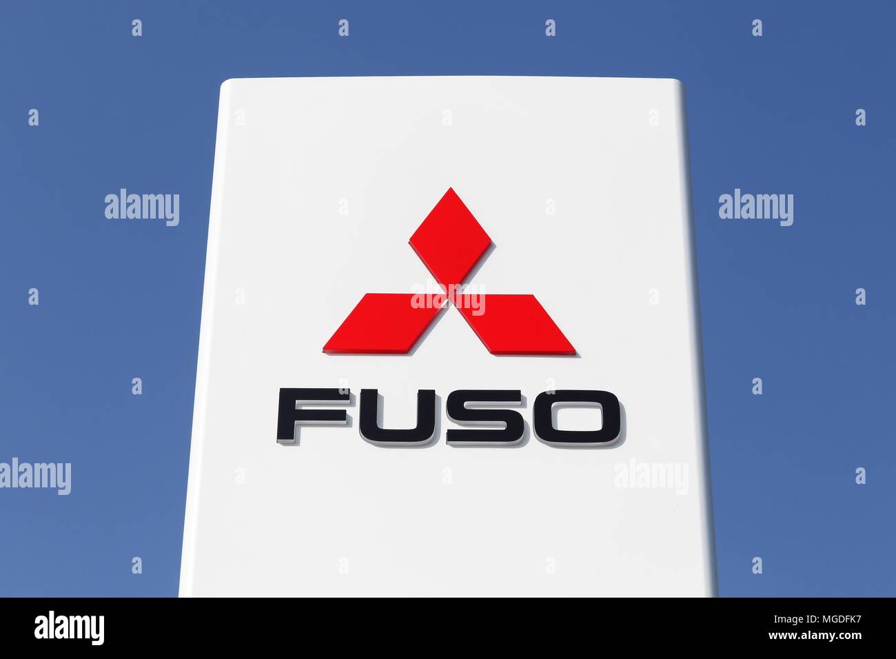 Tilst, Denmark - April 20, 2018 : Mitsubishi Fuso logo on a panel. The Mitsubishi Fuso corporation is a manufacturer of trucks and buses Stock Photo