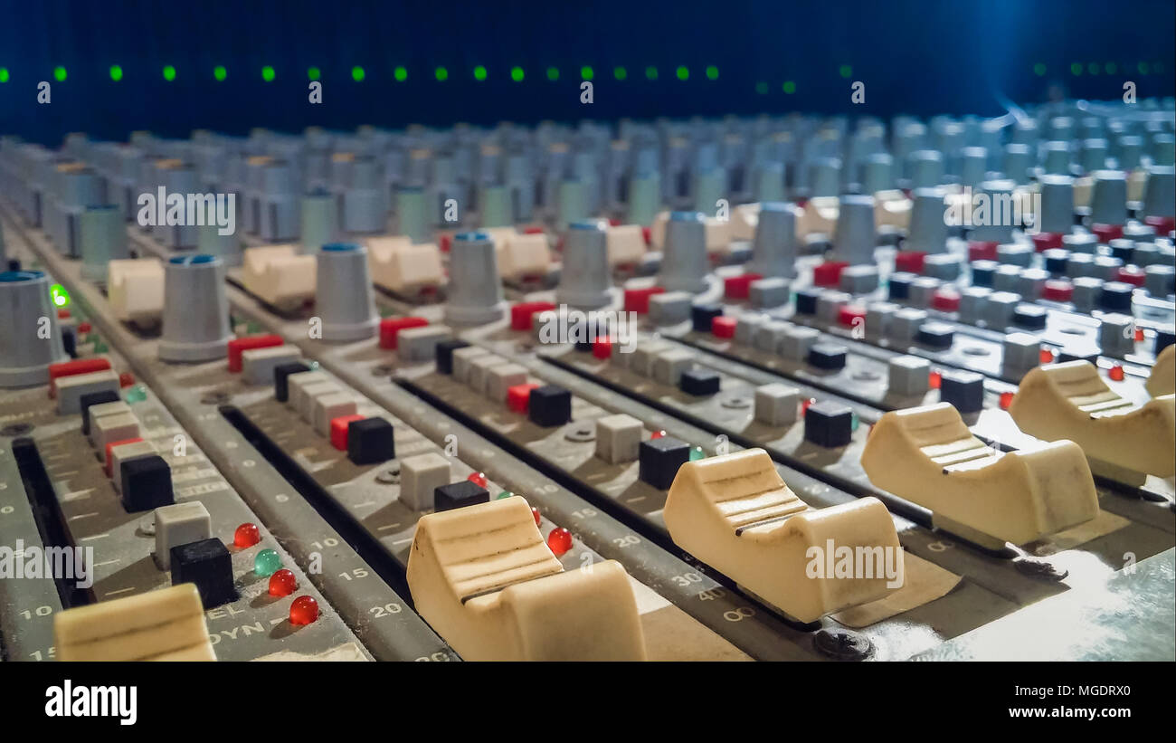Professional audio mixing console with faders in recording studio Stock ...