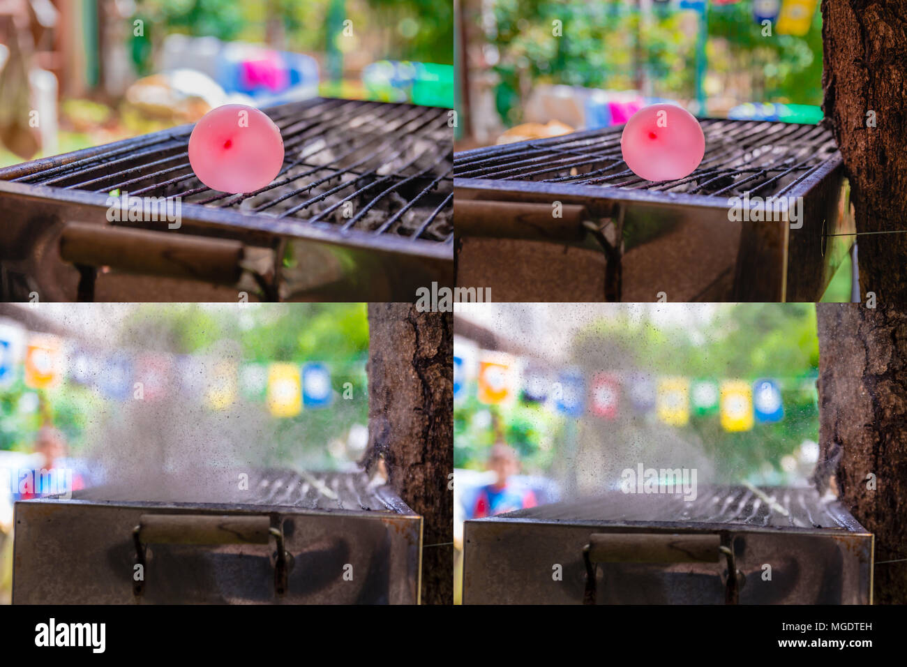 Balloon filled with water placed on a hot grill. An experiment that tests what would be the