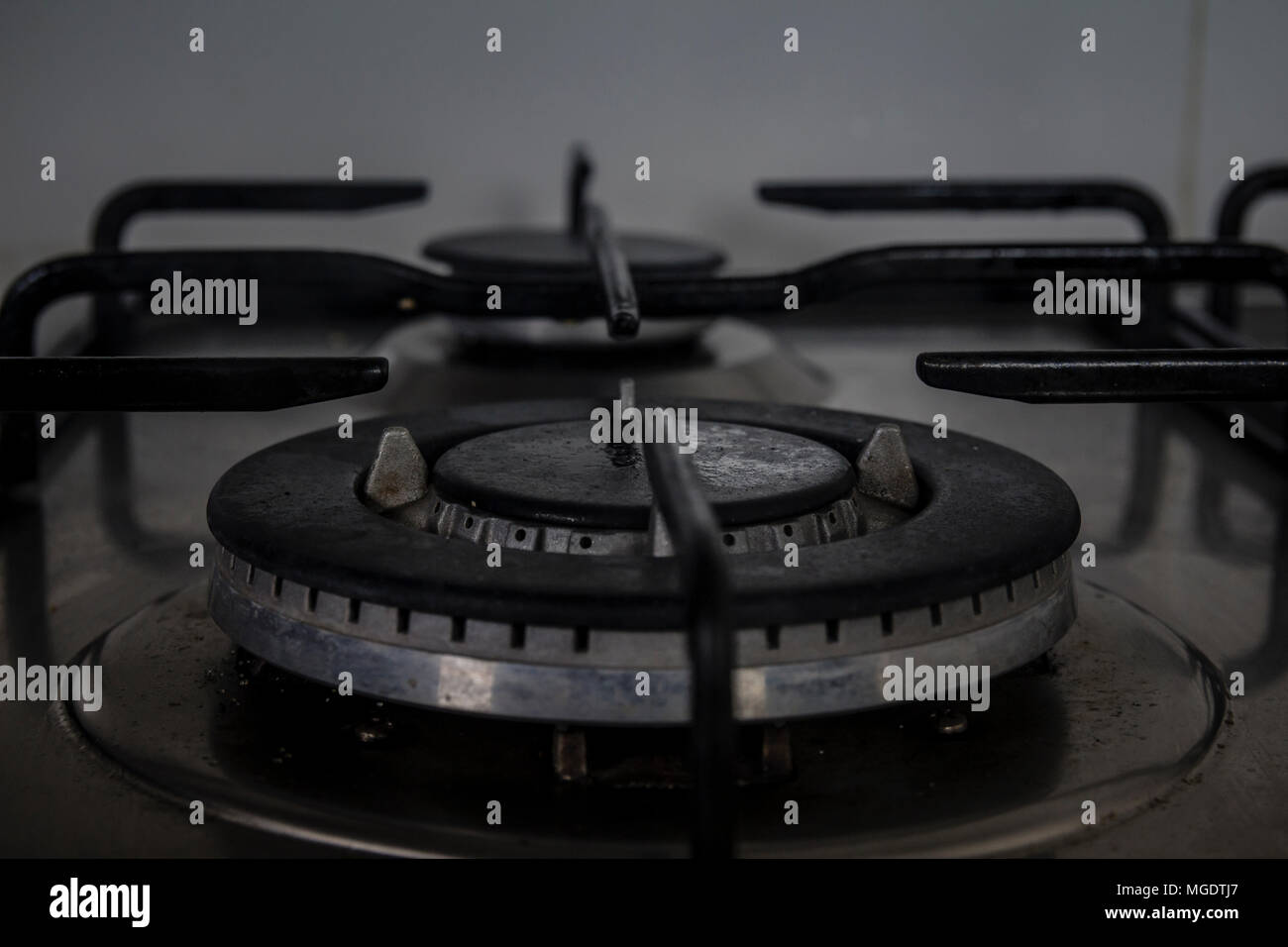 Gas stove in the kitchen Dark closeup Stock Photo Alamy