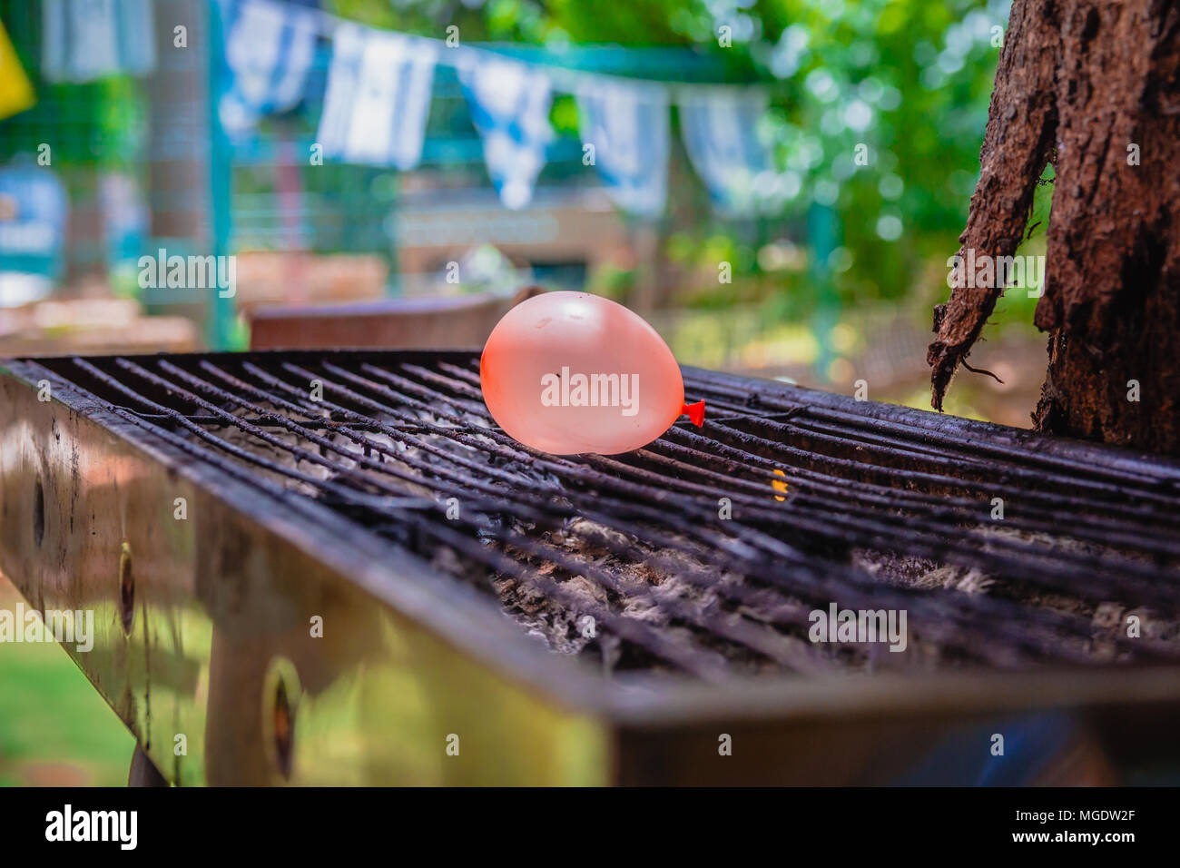 Balloon filled with water placed on a hot grill. An experiment that tests what would be the