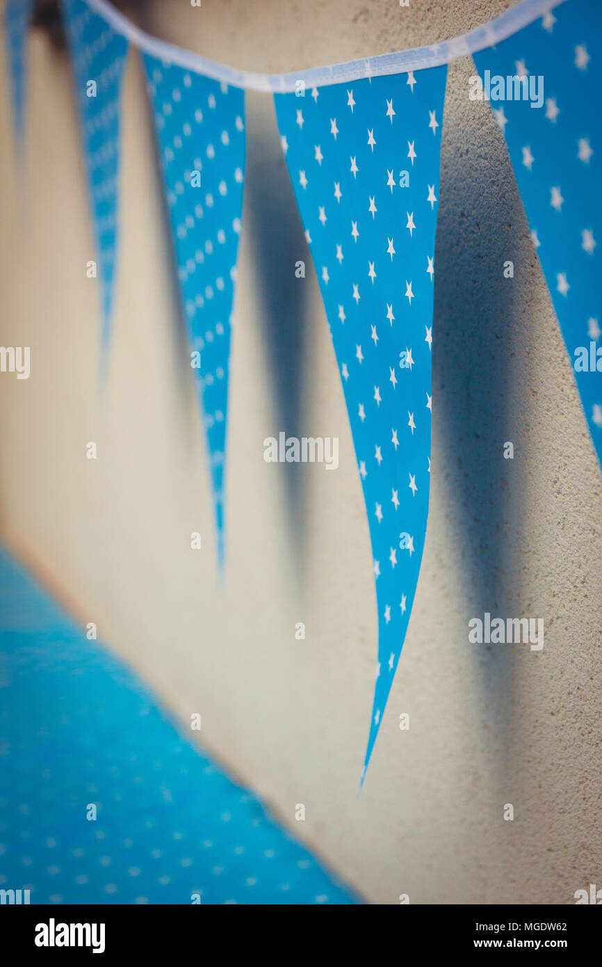 line of colorful blue party decorations flags with white stars