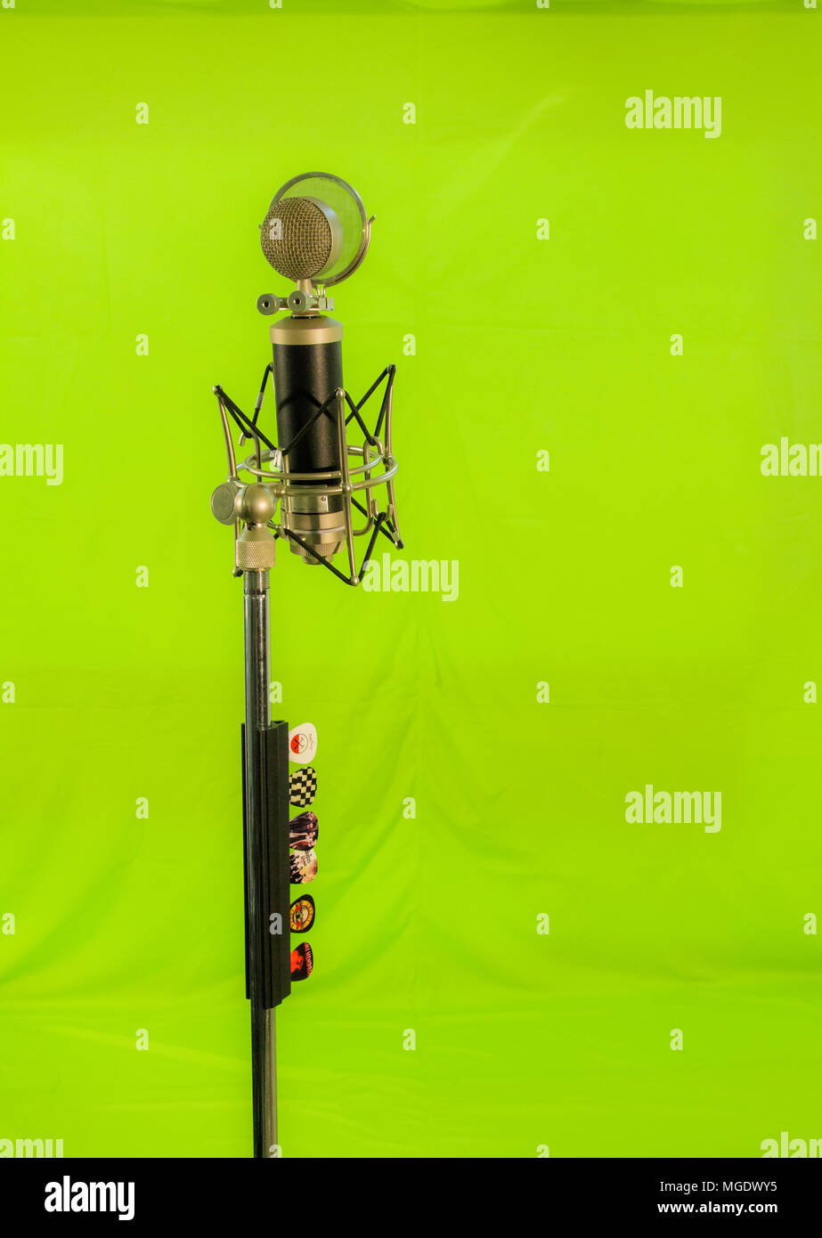 Vocal condenser microphone with wind screen isolated on green background Stock Photo Alamy