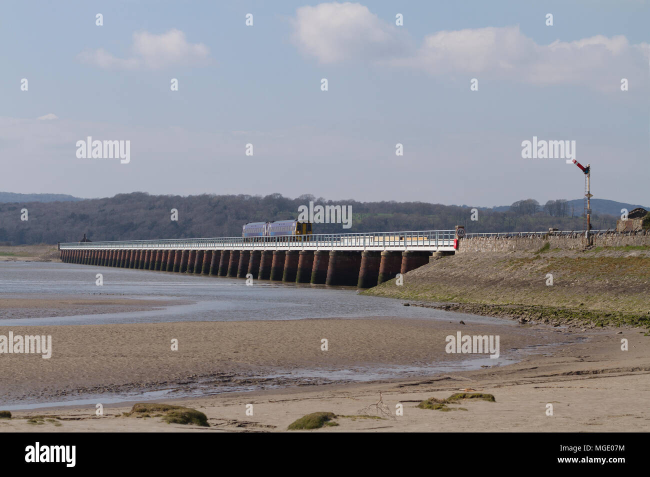 A Northern Railway class 158 DMU number 158870 crossing over Kent Viaduct at Arnside on the 14th April 2018. Stock Photo