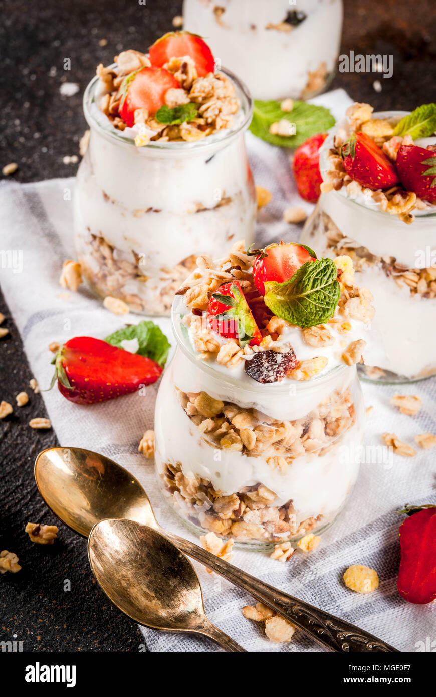 Healthy Summer Breakfast Idea Homemade Layered Parfe Dessert In Small Jar With Granola Yoghurt And Strawberry Dark Background Copy Space Stock Photo Alamy