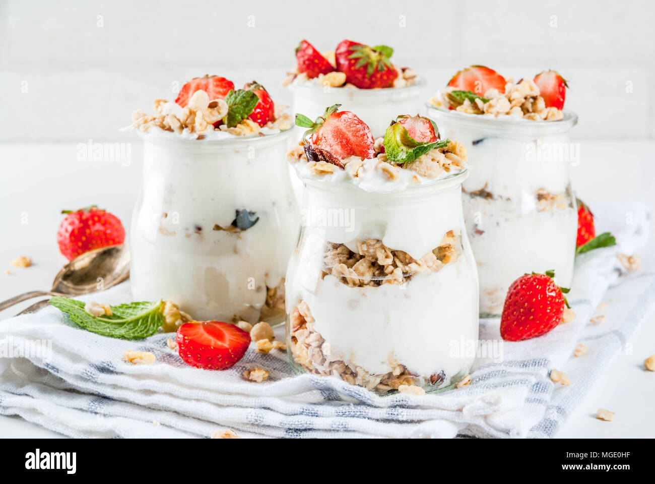 Healthy Summer Breakfast Idea Homemade Layered Parfe Dessert In Small Jar With Granola Yoghurt And Strawberry Dark Background Copy Space Stock Photo Alamy