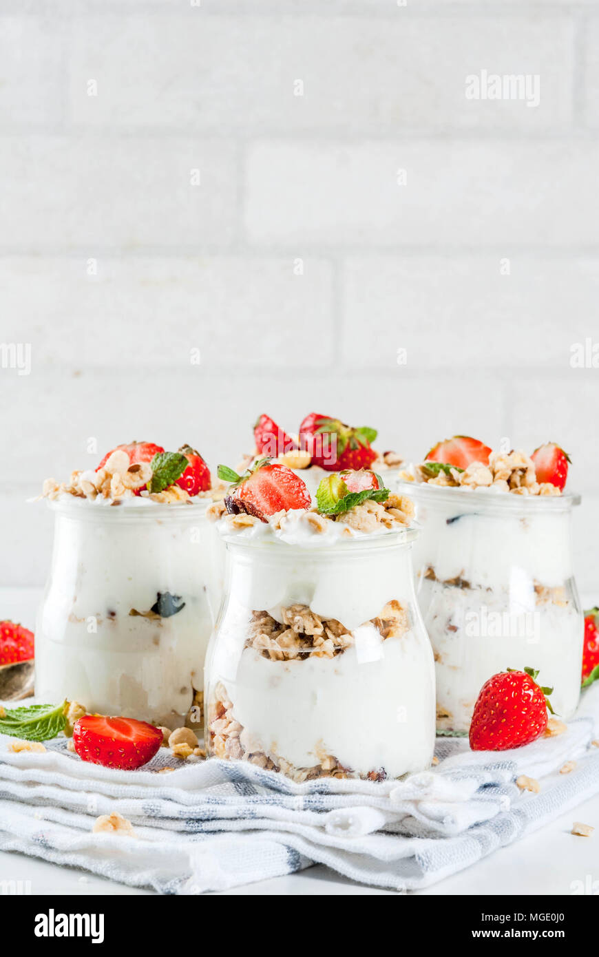 Healthy Summer Breakfast Idea Homemade Layered Parfe Dessert In Small Jar With Granola Yoghurt And Strawberry Dark Background Copy Space Stock Photo Alamy