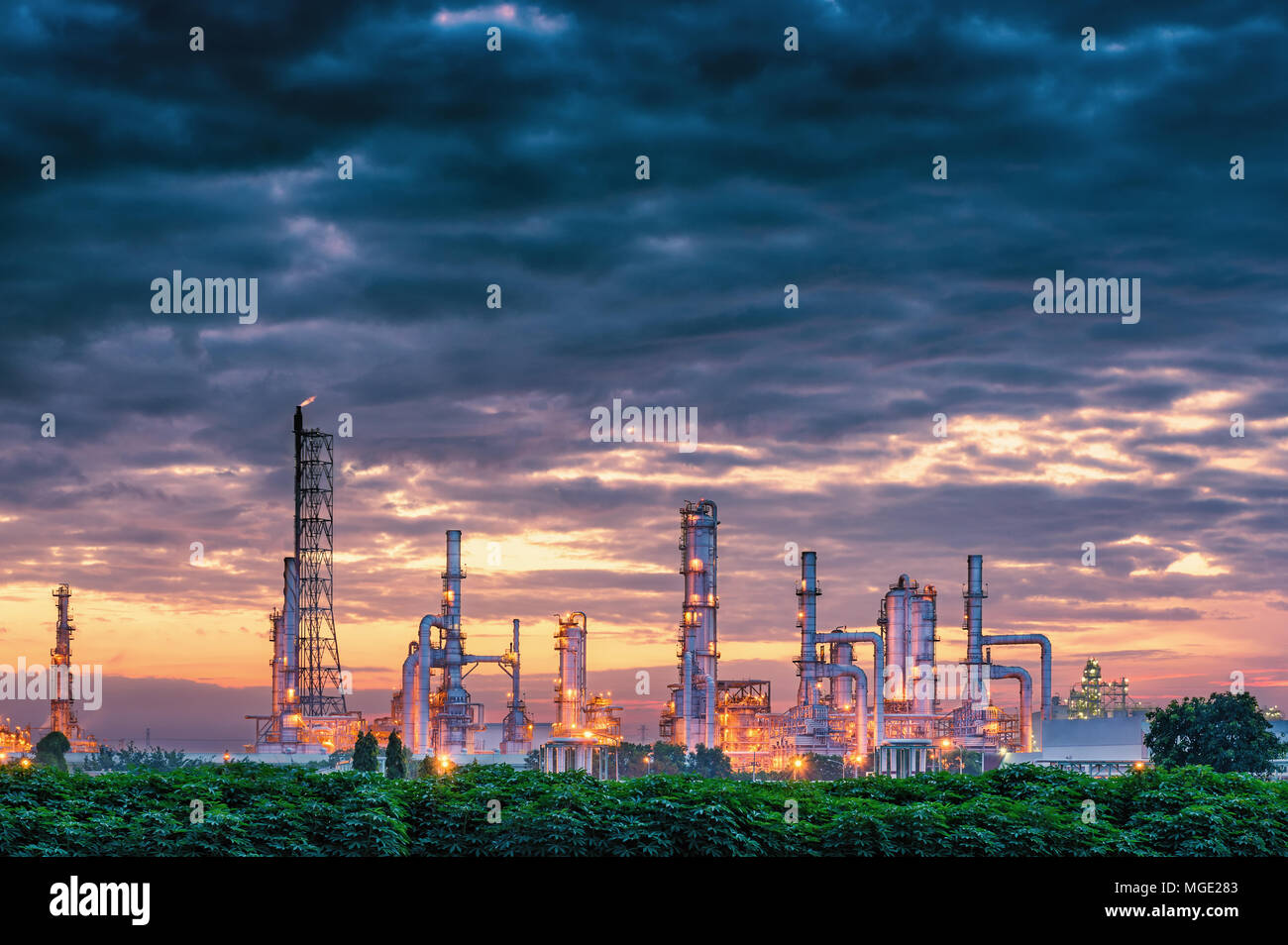 Petrochemical plant on twilight scene., Oil refinery plant. Stock Photo