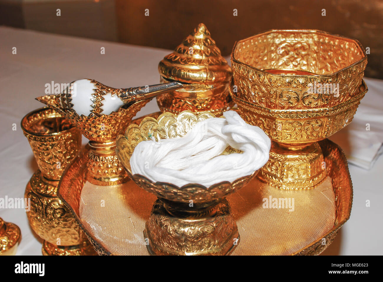 Traditional Thai wedding set of golden tray, ceremonial water pouring ...