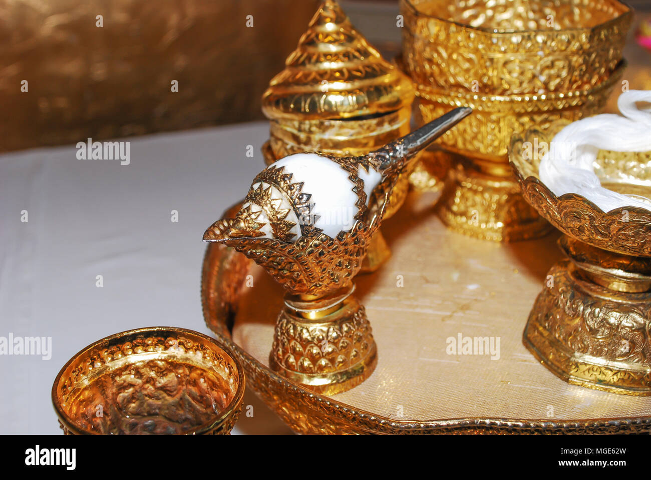 Traditional Thai wedding set of golden tray, ceremonial water pouring ...
