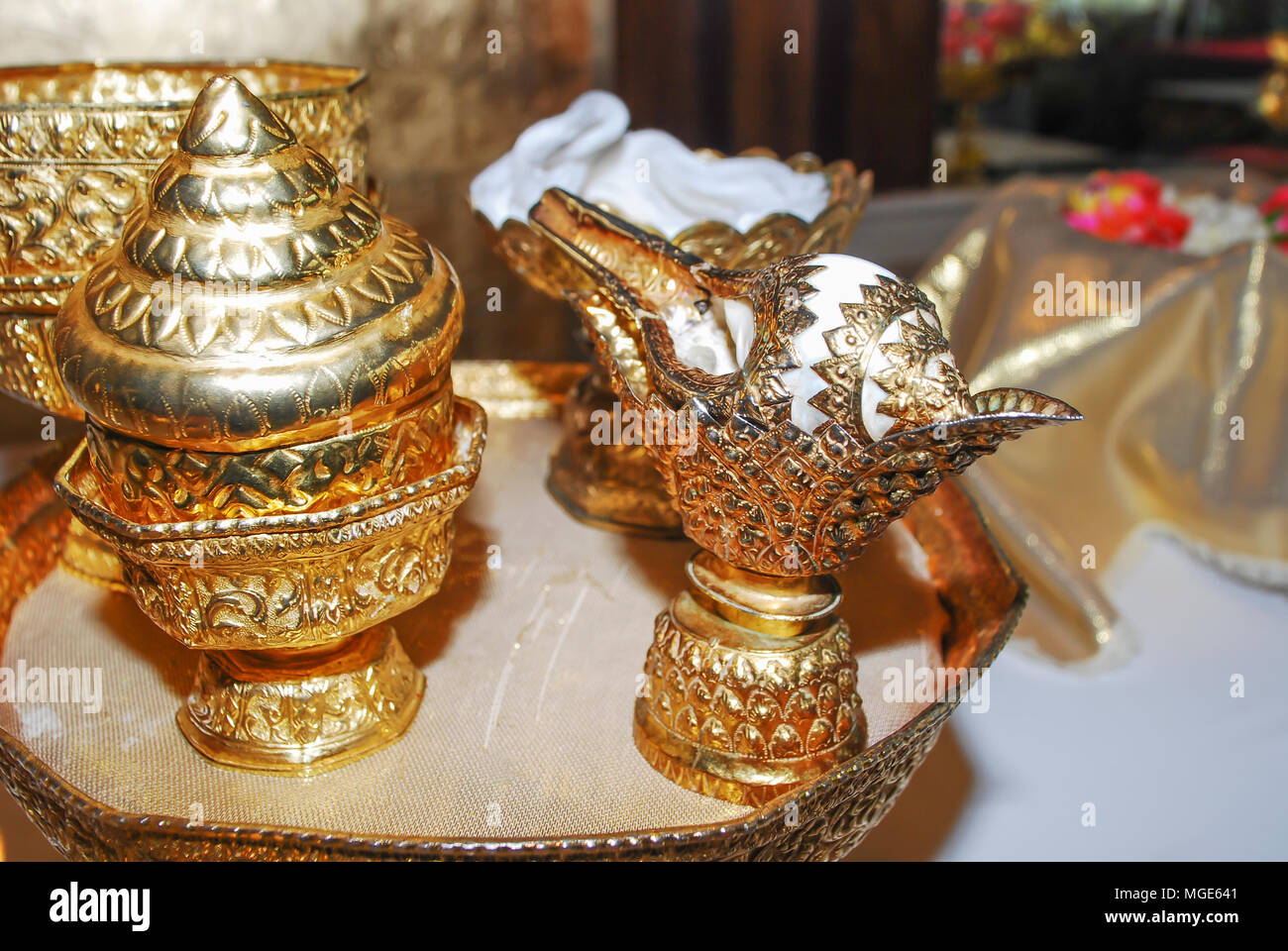 Traditional Thai wedding set of golden tray, ceremonial water pouring ...
