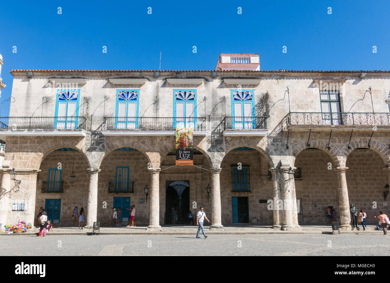 HAVANA, CUBA - JANUARY 16, 2017: Arcades of the Palace of the Conde Lombillo. in the Cathedral Square, Old Havana, Cuba. Stock Photo