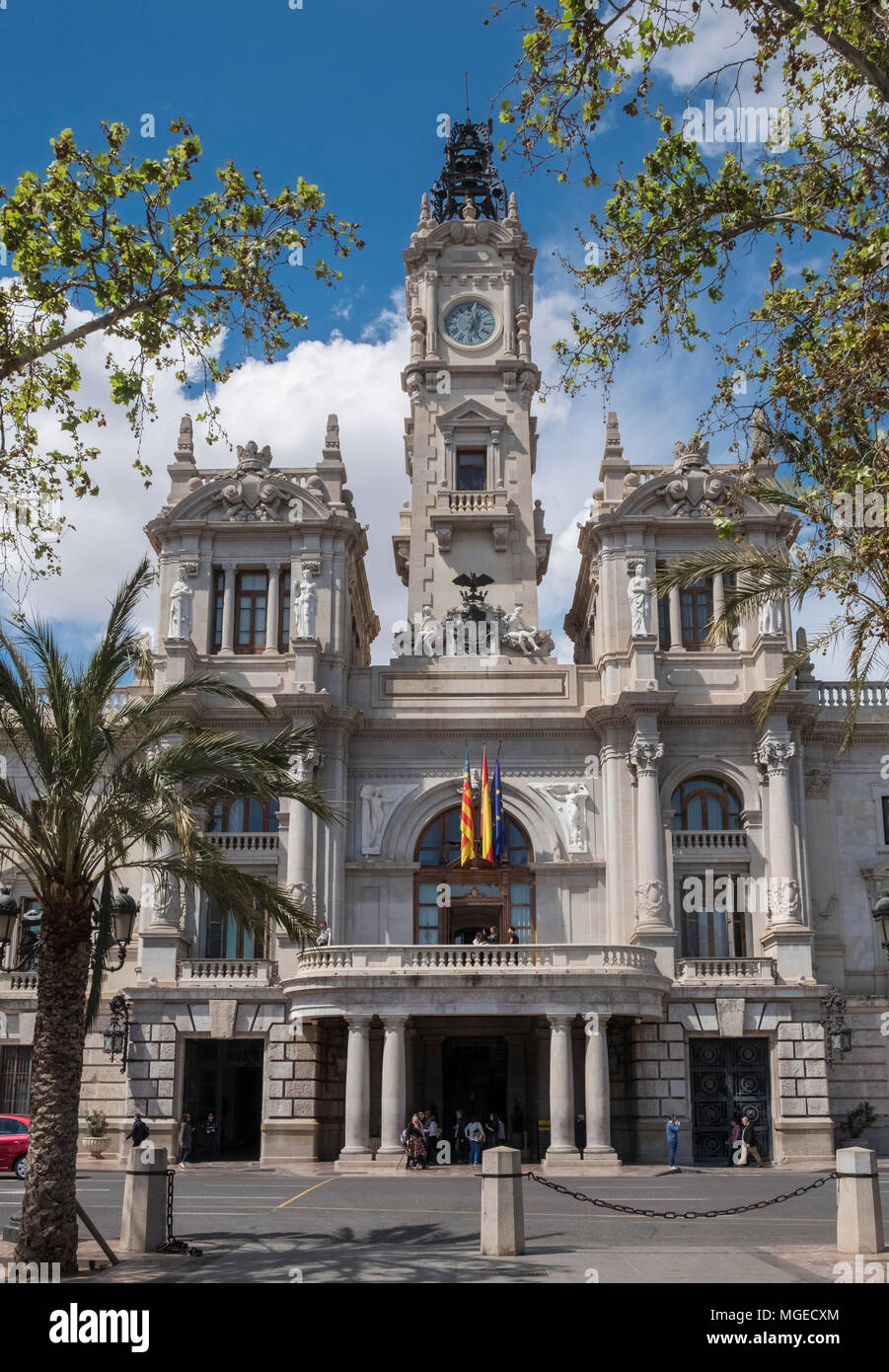 Front facade of Ayuntamiento de Valencia (City Town Hall), Plaza del Ayuntamiento, Valencia, Spain. Stock Photo