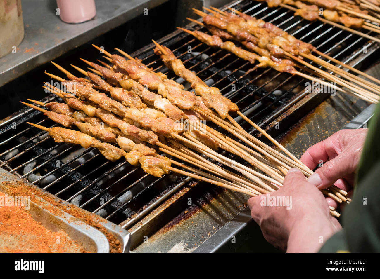 Chinese skewer for sale at a food stall Stock Photo