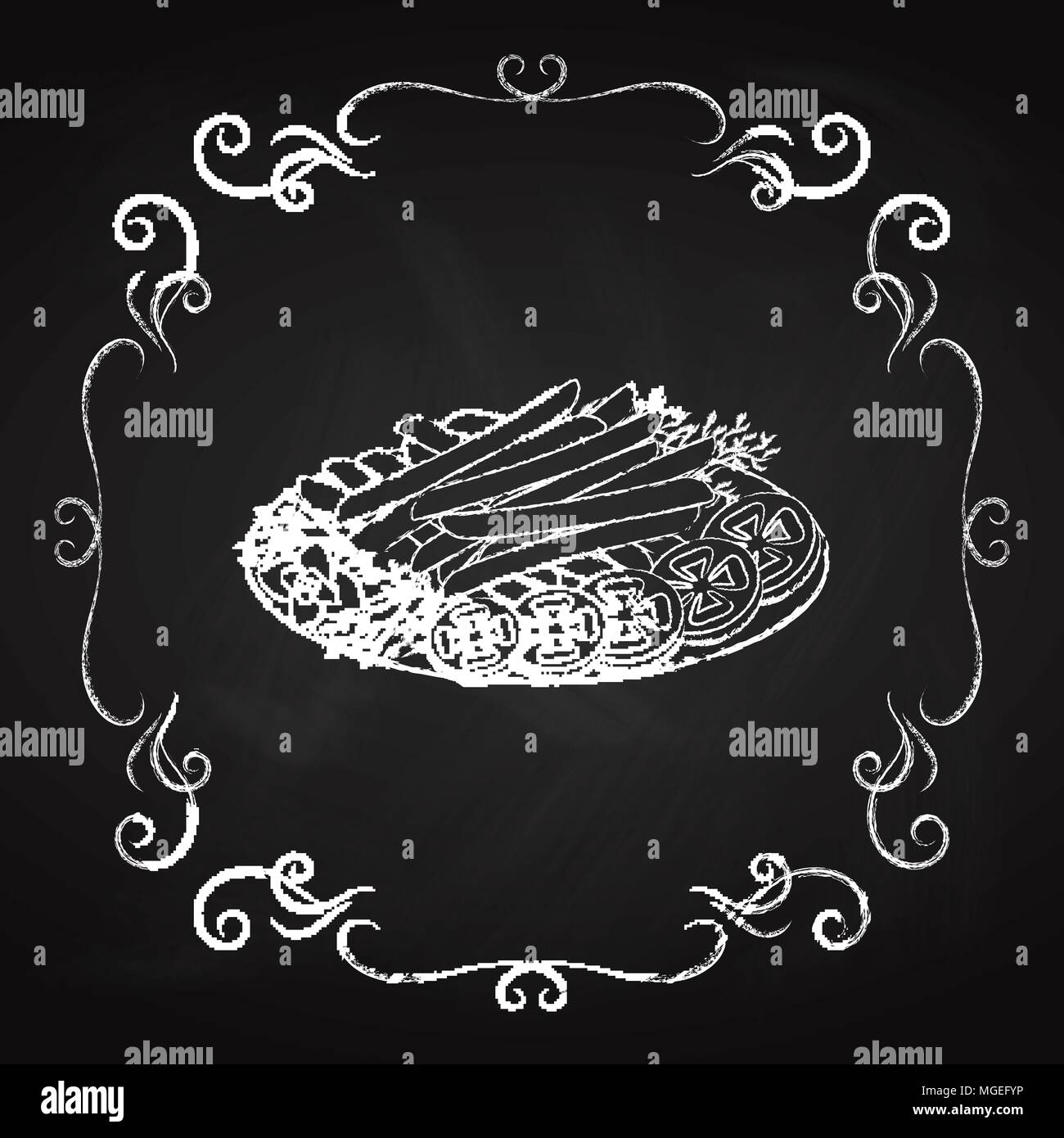 French fries, drawn chalk on a blackboard, icon for the restaurant cafe