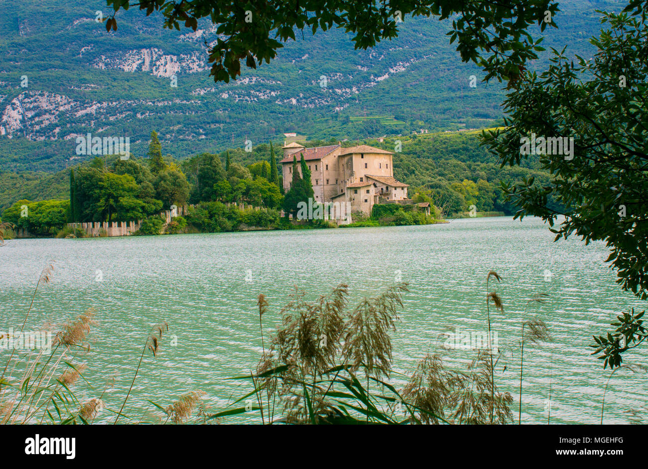 Castel Toblino at lake Lago di Toblino Stock Photo