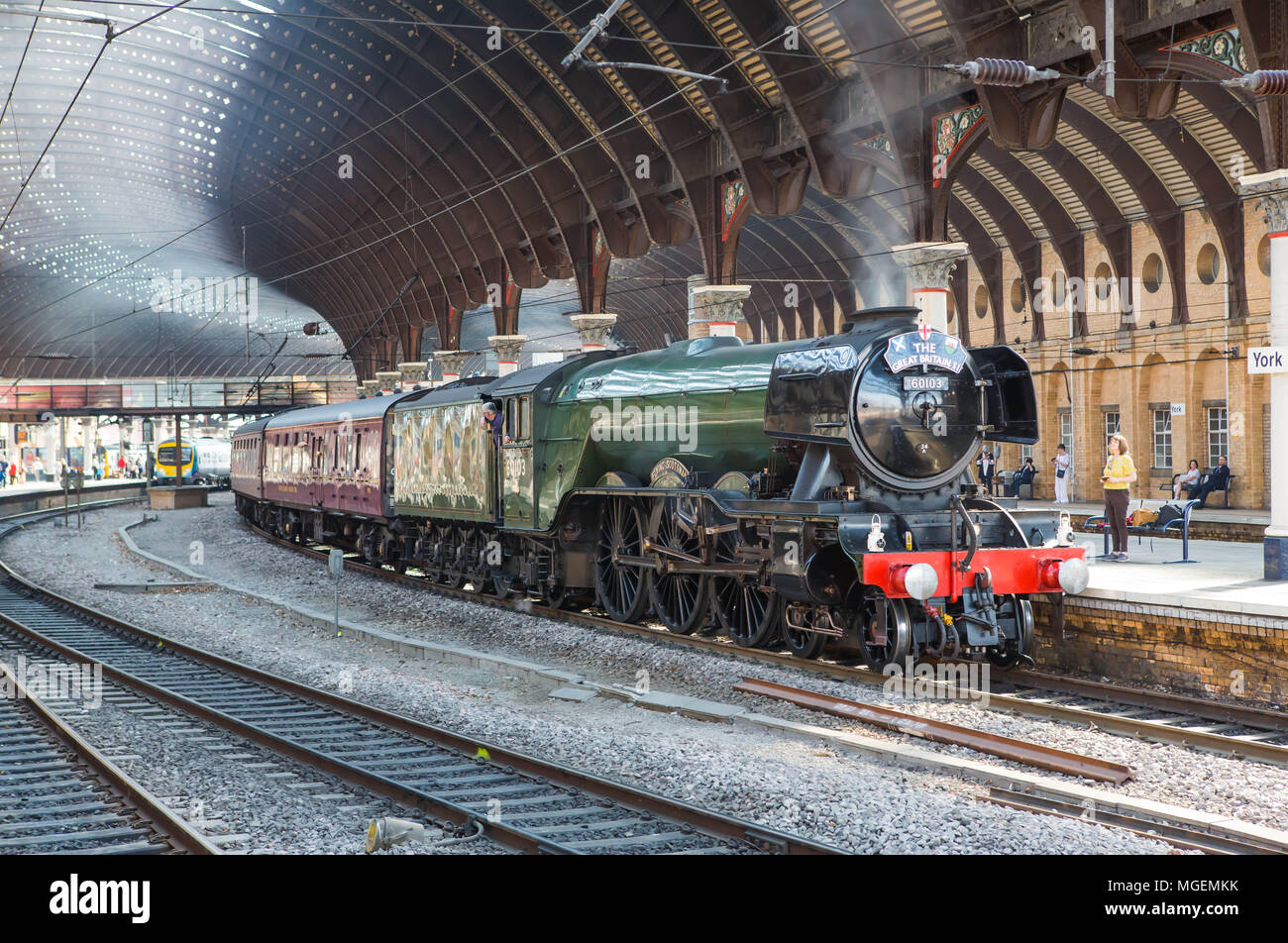 The famous A3 Pacific steam locomotive 60103 Flying Scotsman in its British Railways livery at York Station. Stock Photo