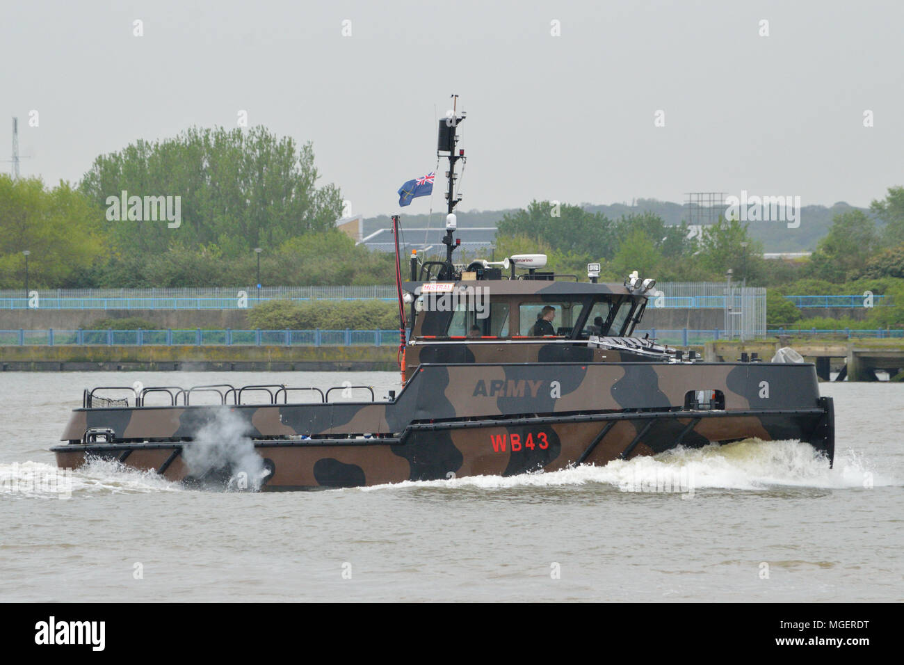 British Army workboat on River Thames in London Stock Photo