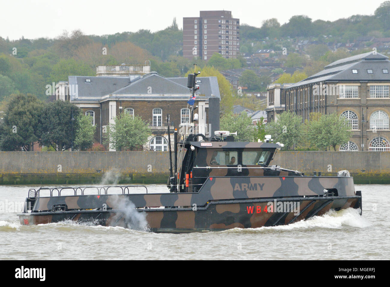 British Army workboat on River Thames in London Stock Photo
