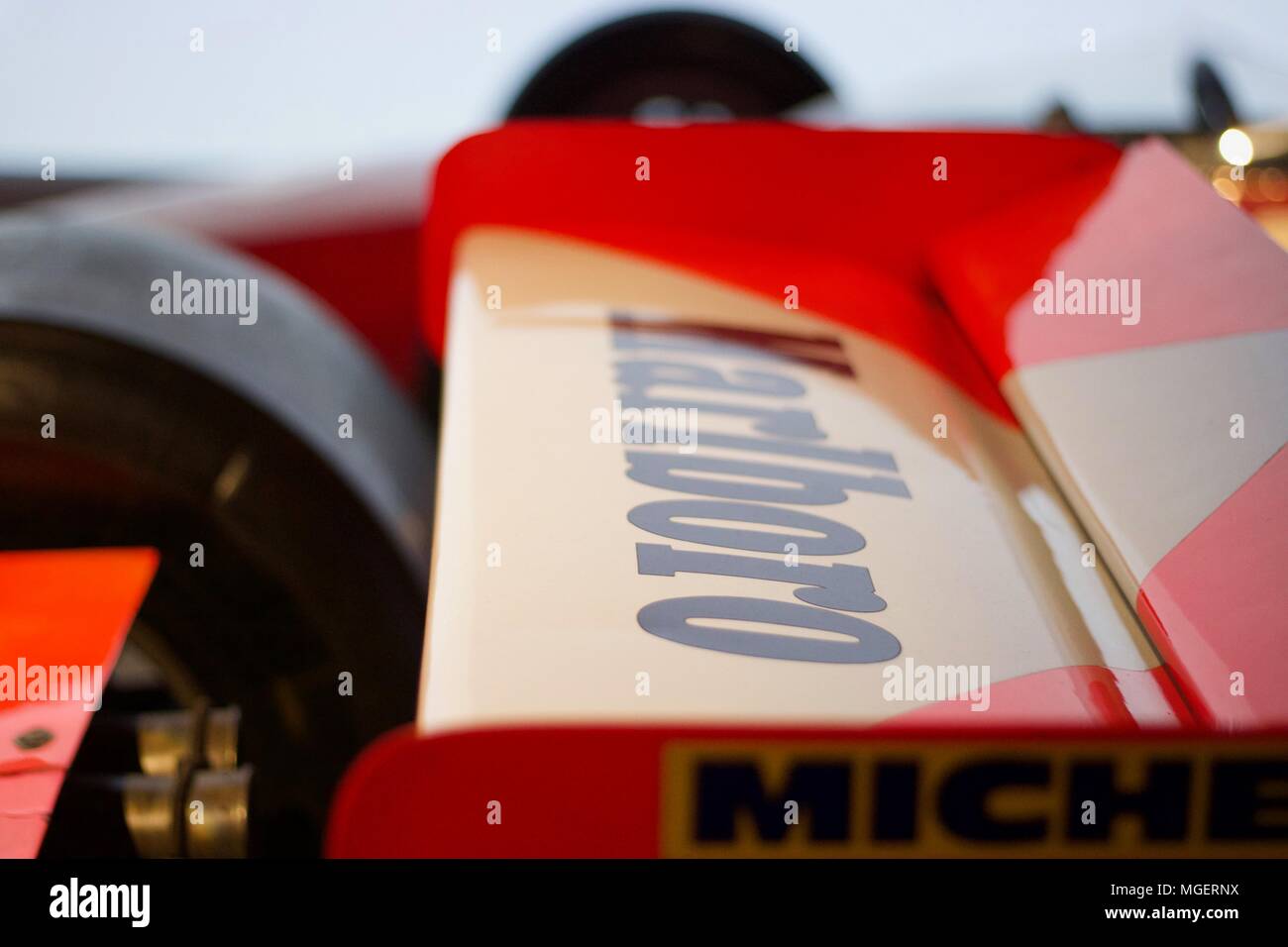 Aileron of a Ferrari Formula One car with the historic Marlboro cigarettes logo on it Stock Photo