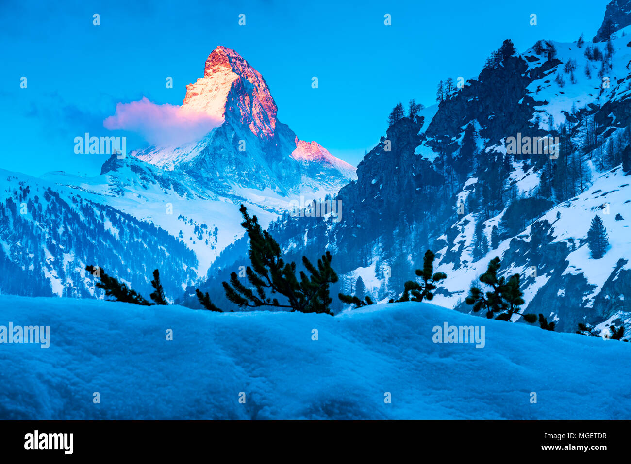 Alpine Landscape With Golden Glow On The Matterhorn Peak At Sunrise In Zermatt Switzerland Stock Alpine Landscape With Golden Glow On The Matterhorn Peak At Sunrise In Zermatt Switzerland Stock