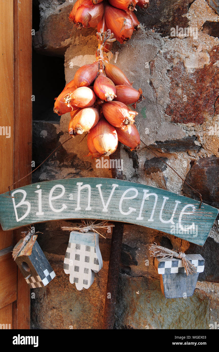 French shallots for sale at La Ferme des Beaux Bois, a local producer in the town of Cherrueix, Brittany, France Stock Photo