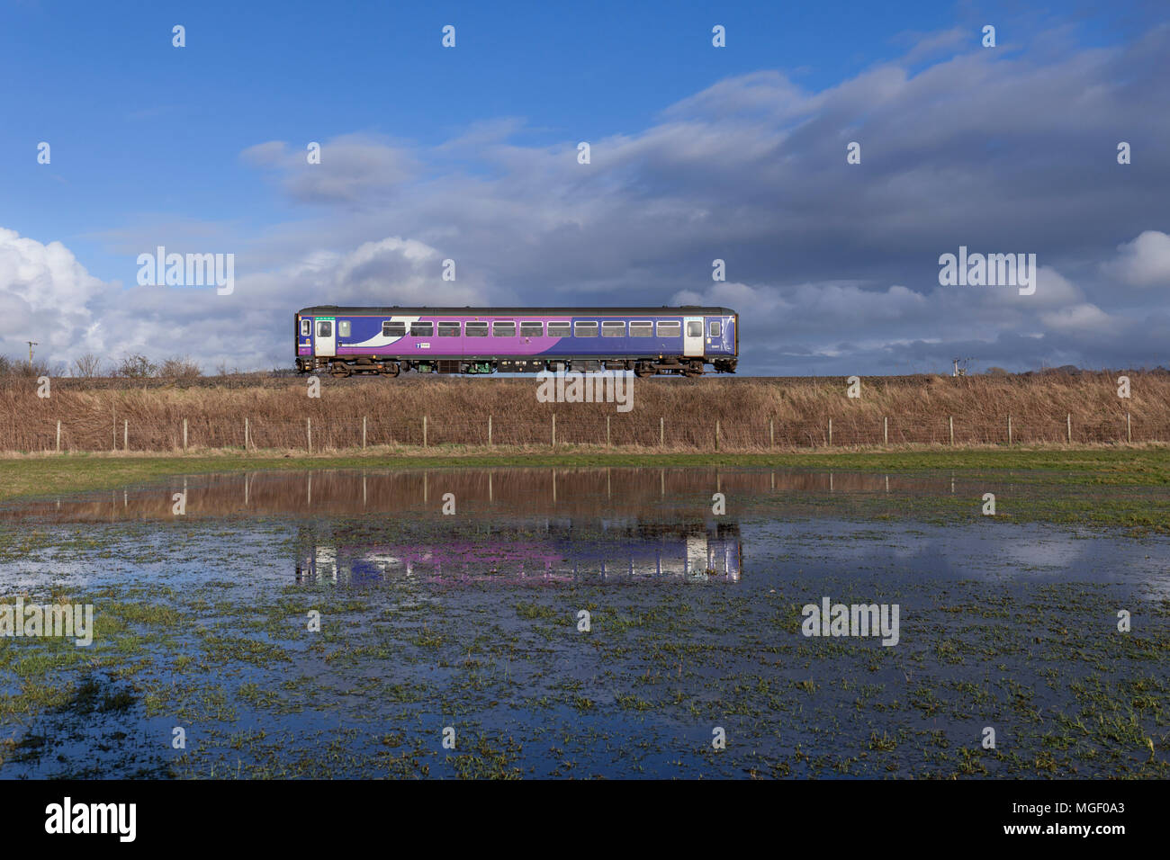 A Northern rail class 153 sprinter train reflected in a large puddle at Blackdykes (between Arnside & Silverdale) on the Cumbrian coast railway line Stock Photo