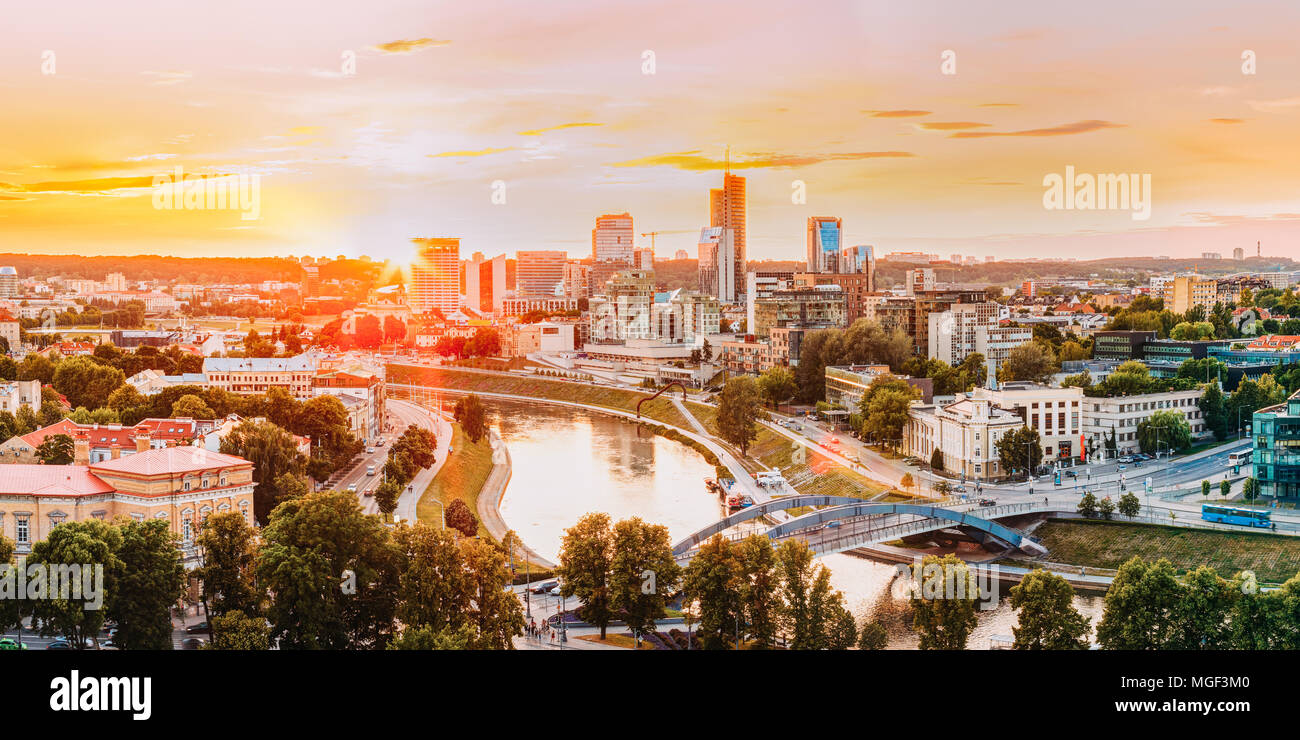 Vilnius, Lithuania. Cityscape During Sunset In Summer Season. Beautiful Panoramic View In Evening. Destination Scenic. Stock Photo