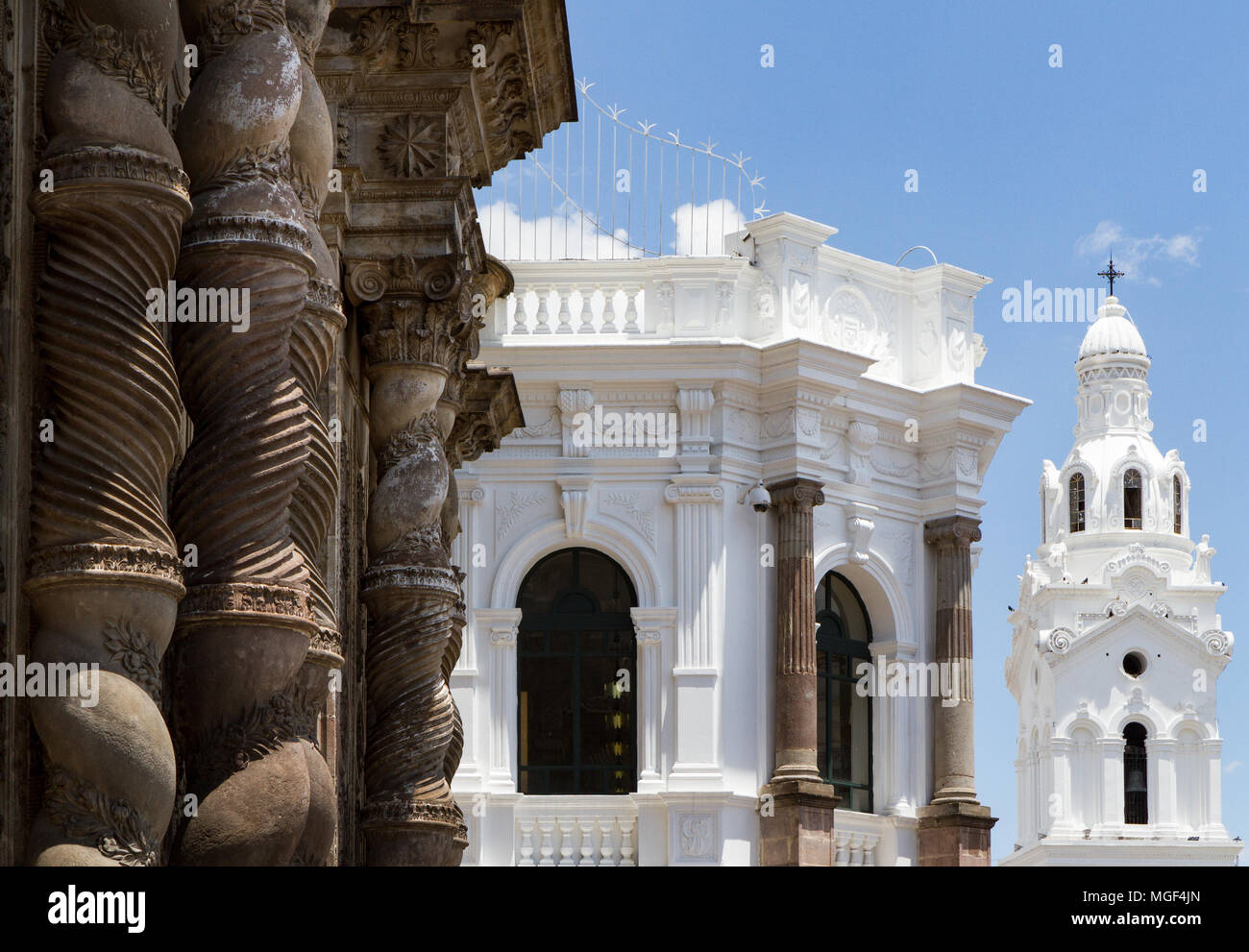 Close up of colonial architecture in the Historic Centre, Quito, Ecuador Stock Photo
