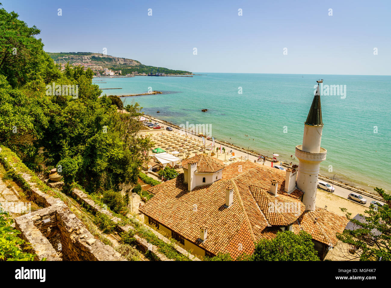 Scenic view of Black Sea coast in Balchik, Bulgaria with Balchik Palace in the foreground Stock Photo