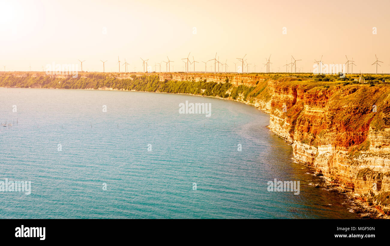 Field of wind turbines on Cape Kaliakra, Bulgaria Stock Photo