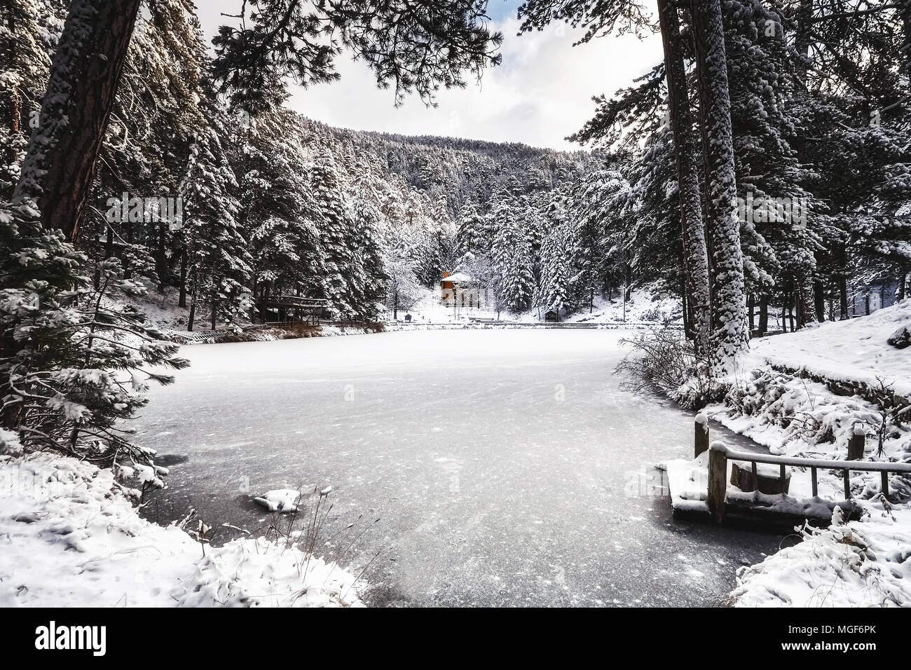 Frozen lake in the forest with cottage snow and trees Stock Photo - Alamy